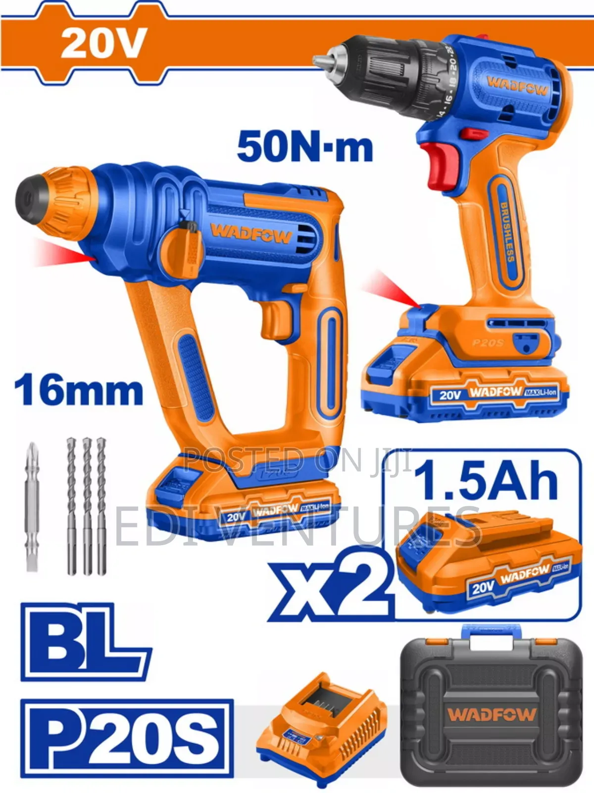 Wadfow Cordless 20v Drill Rotary Hammer 16mm+ 2 Battery