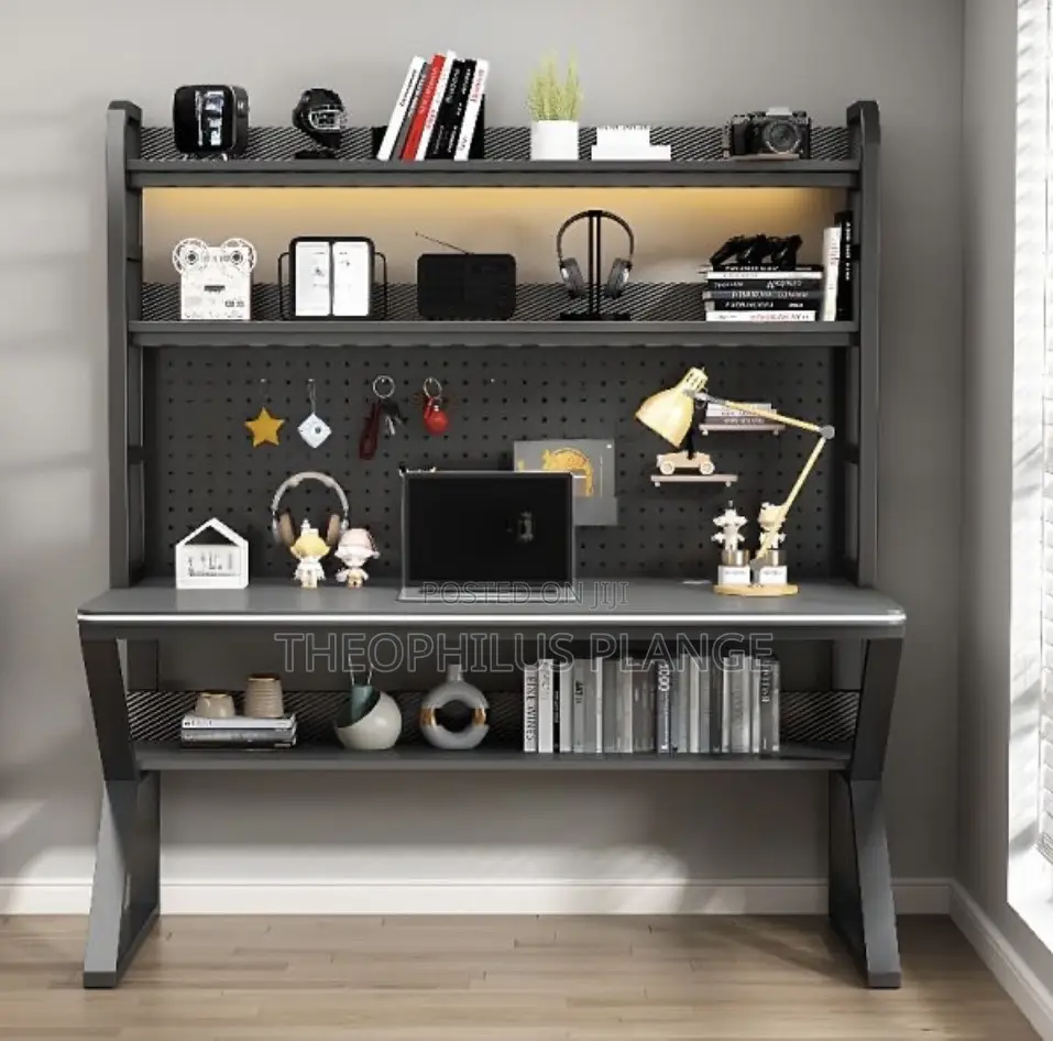 Double Decker Study Table With 2 Shelves and Pegboard.