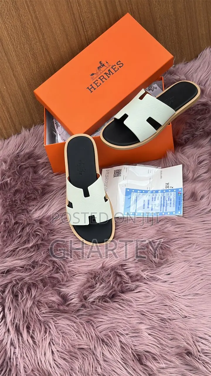 White Hermes Casual Men Leather Slippers