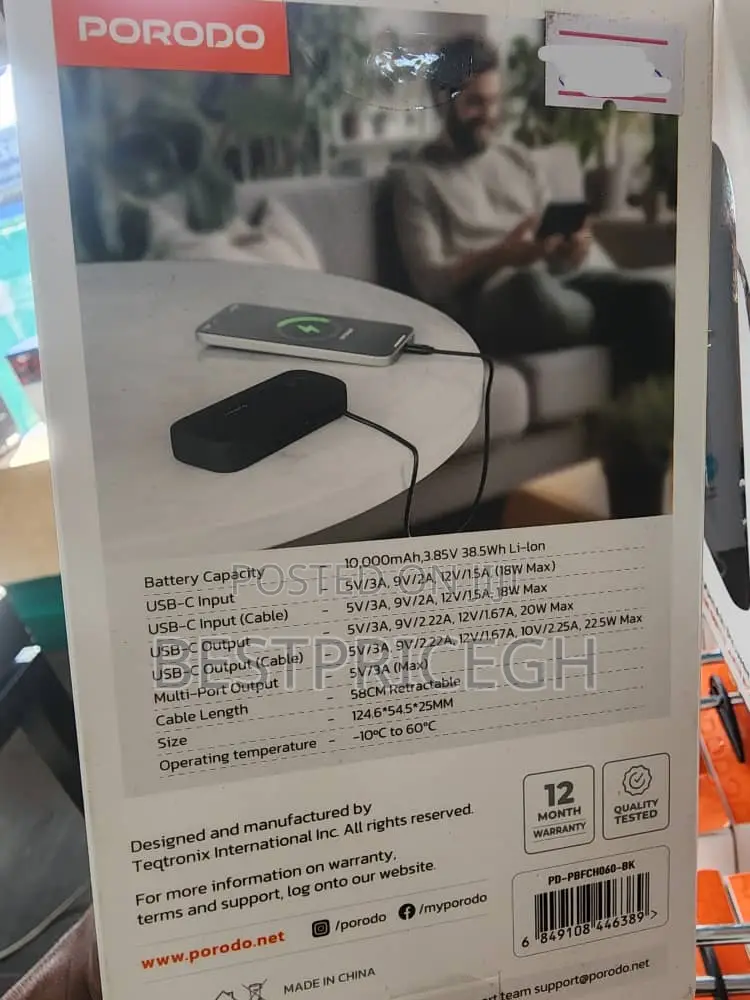 Porado Pb060 10000mah Power Bank 58cm Retractable Type-C