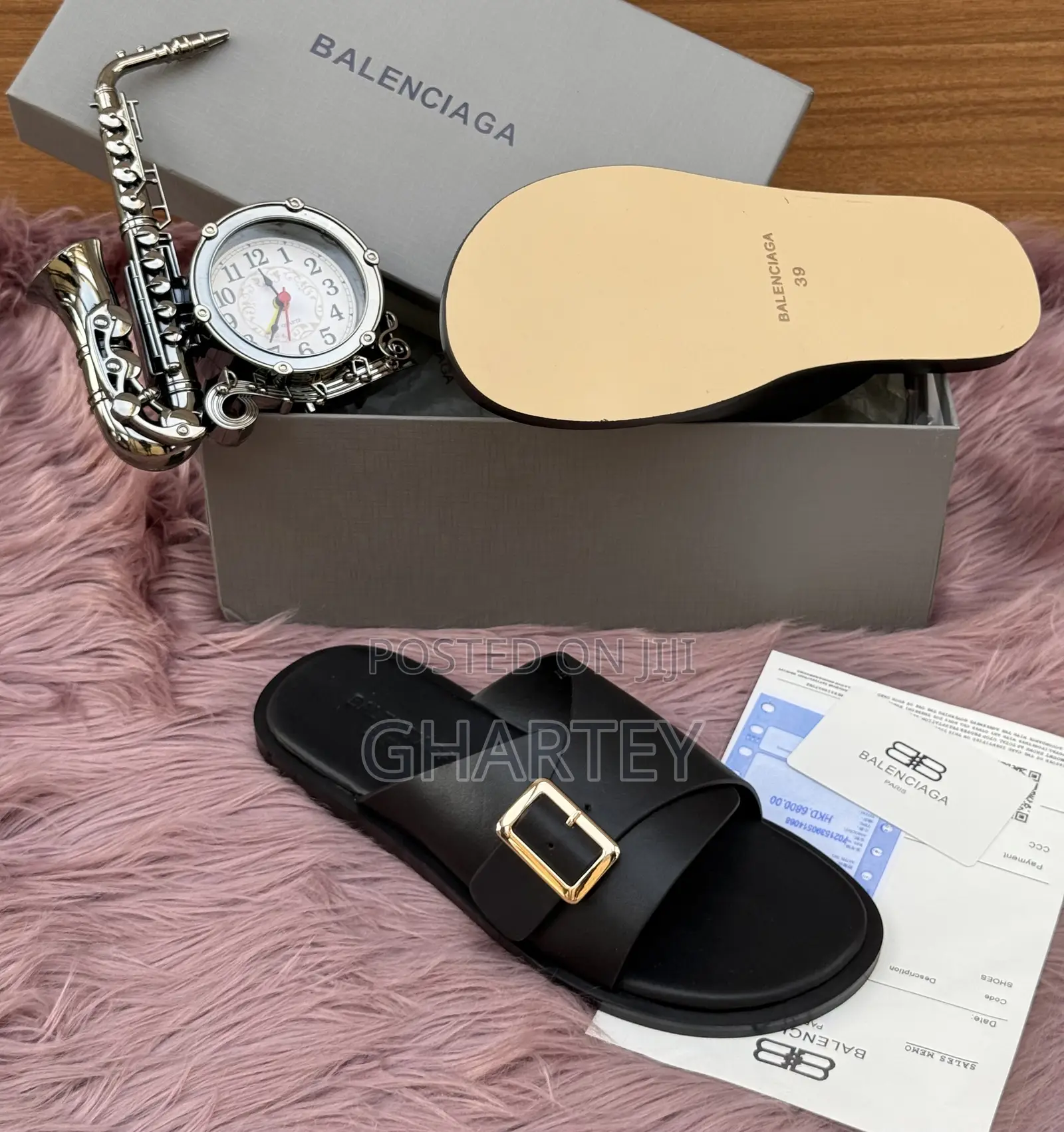 Balenciaga Leather Side Buckle Men’S Slippers || All Black