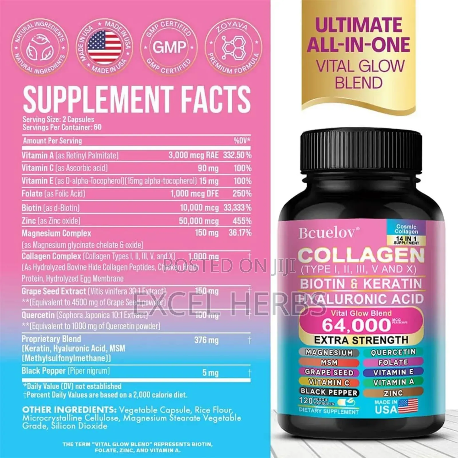 Bcuelov Collagen Biotin Keratin Hyaluronic Acid 120caps