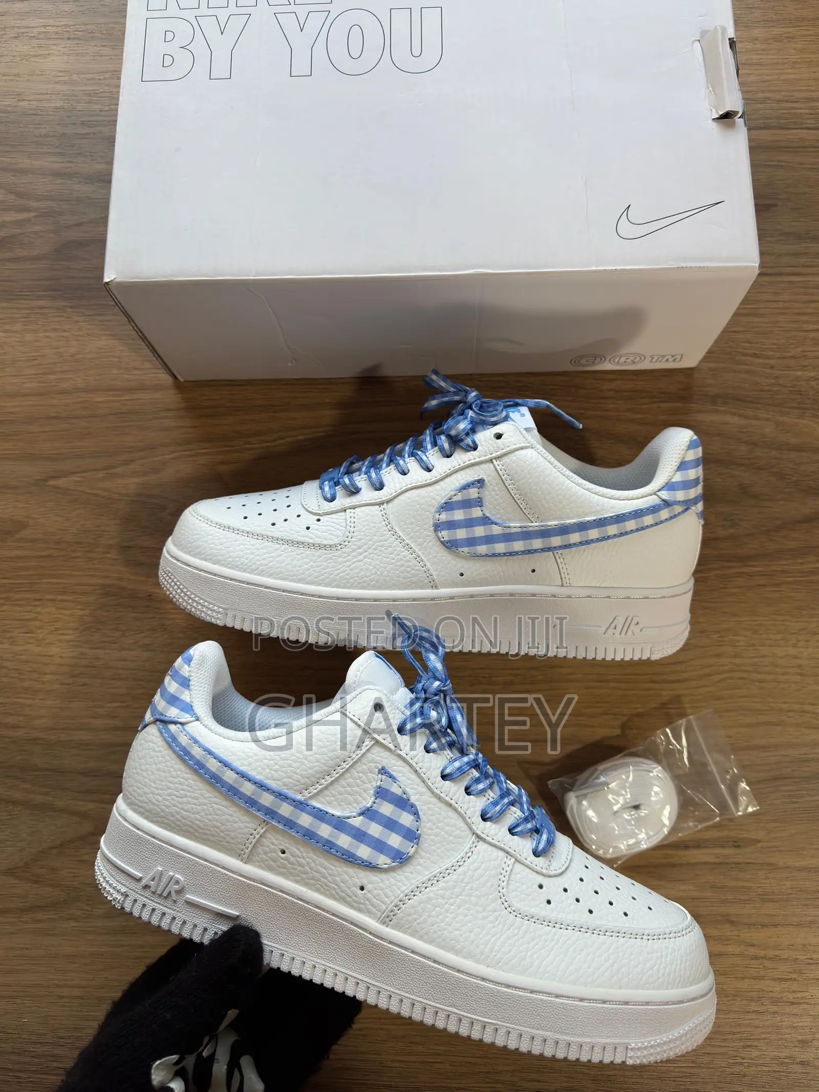Airforce 1 All White With Blue and White Check Design