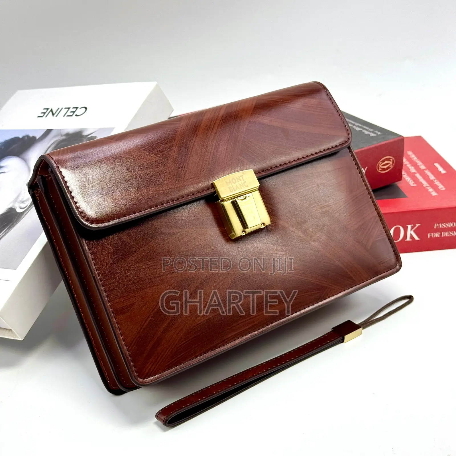 Mont Blanc Quality Leather Push Lock Hand Bag - Brown
