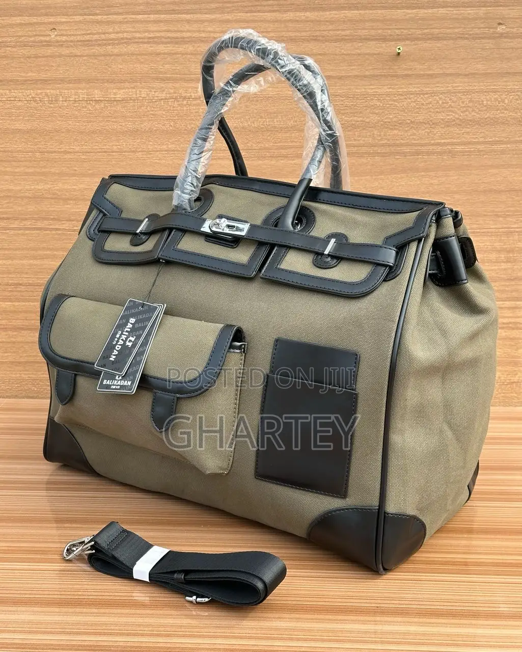Two Toned Canvas Leather Unique Design Duffle Bag || Green