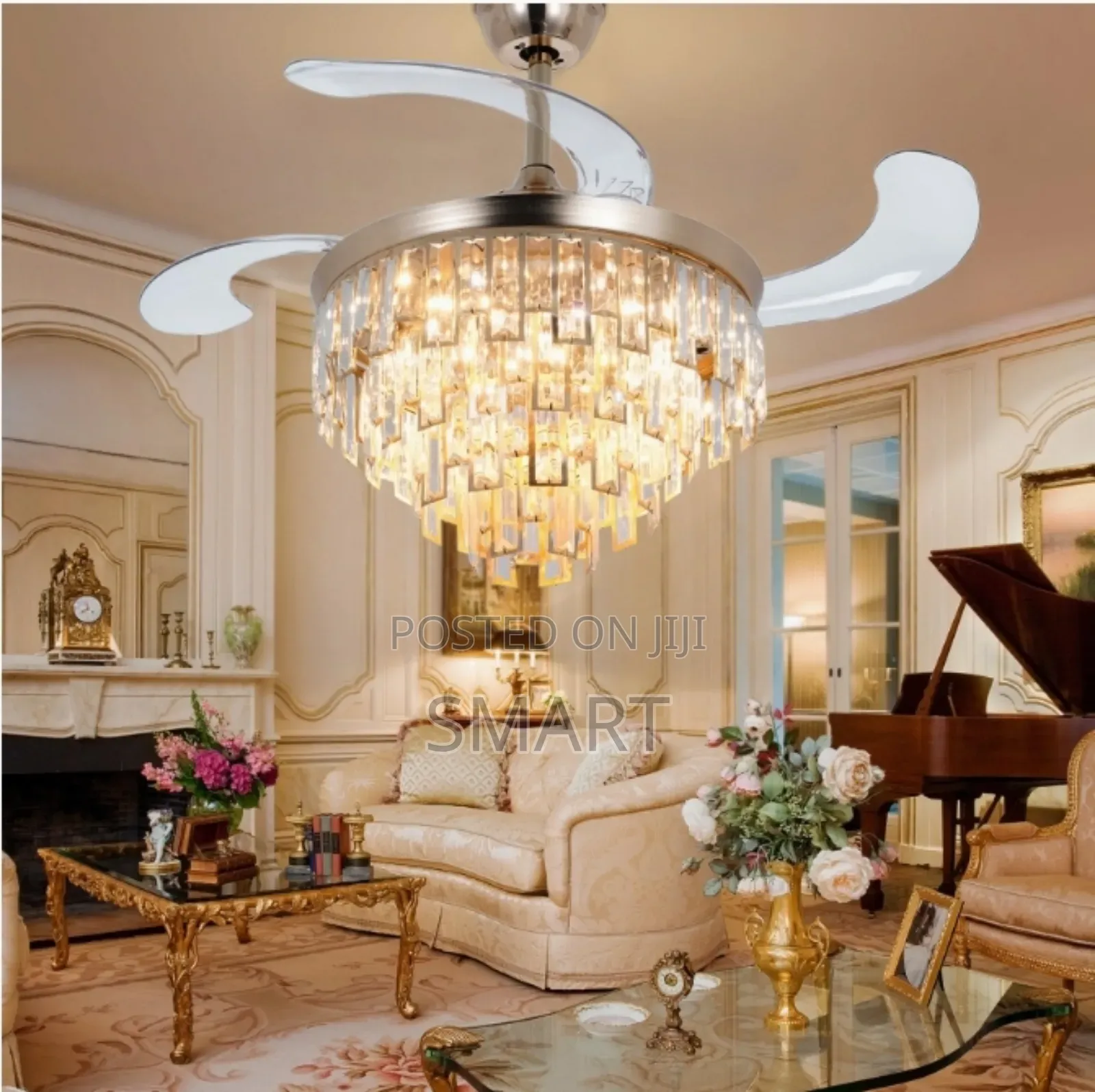 Modern Retractable Crystal Ceiling Fanlight + Remote