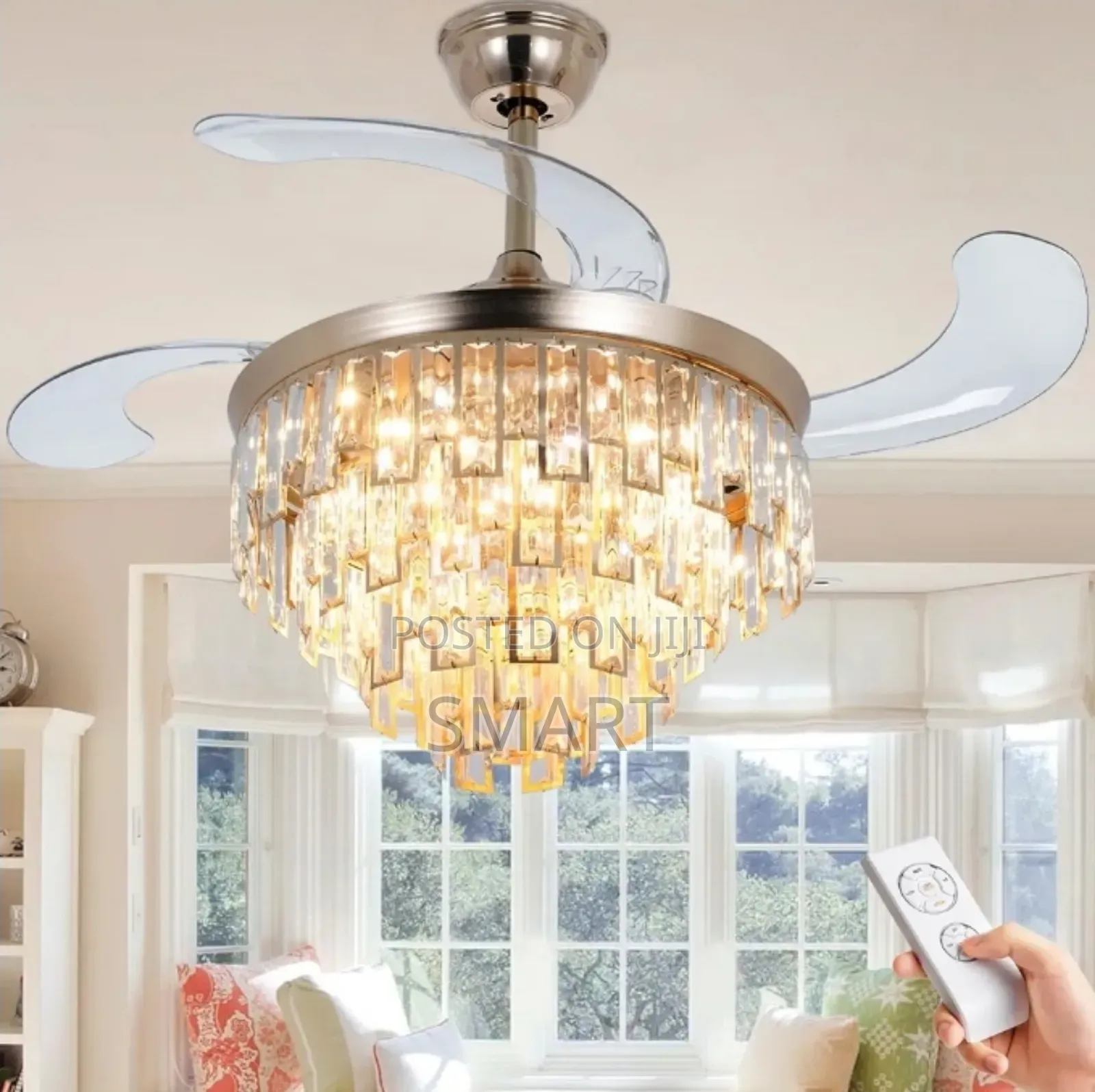 Modern Retractable Crystal Ceiling Fanlight + Remote