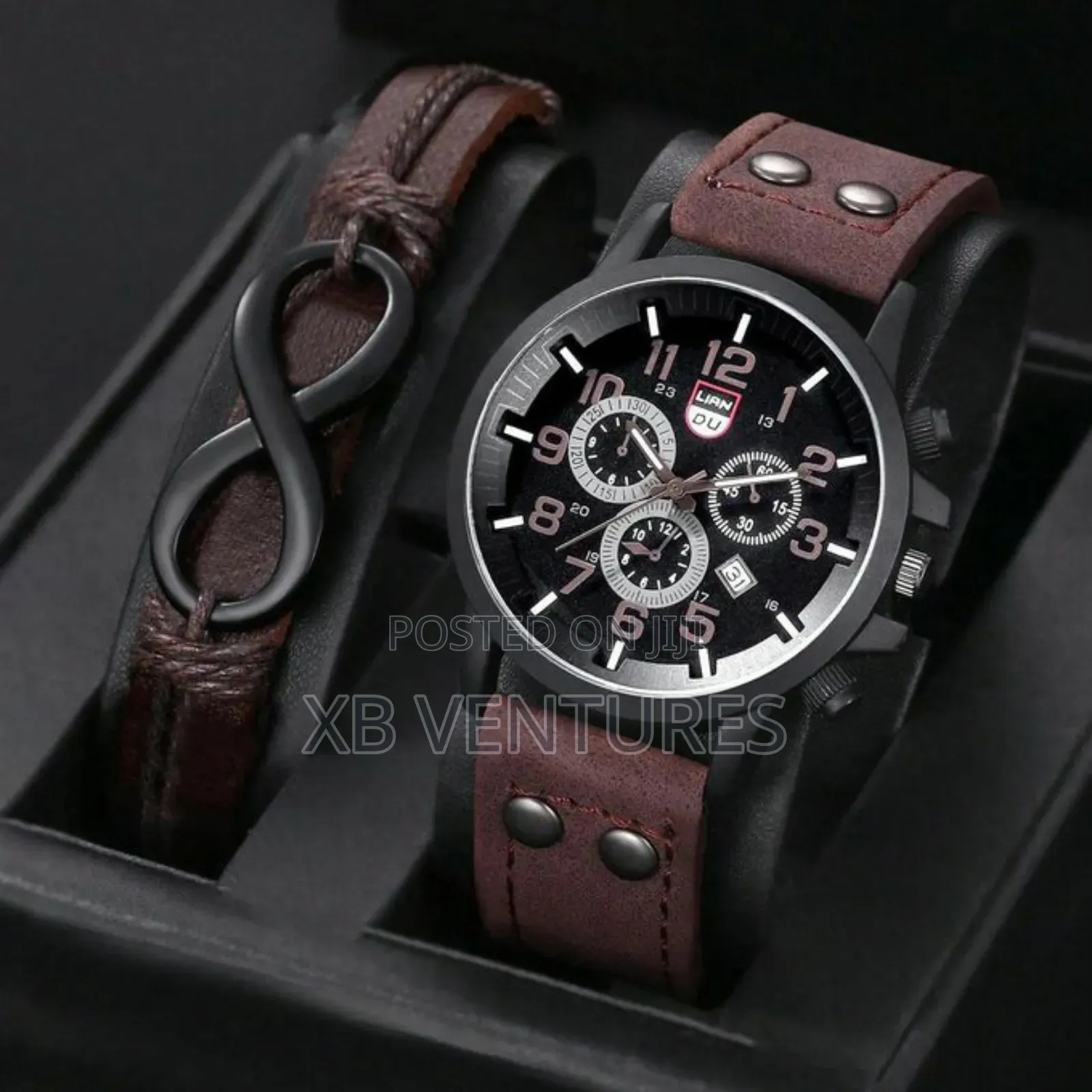 Men's Watch and Bracelet Set, Casual Brown Leather Strap