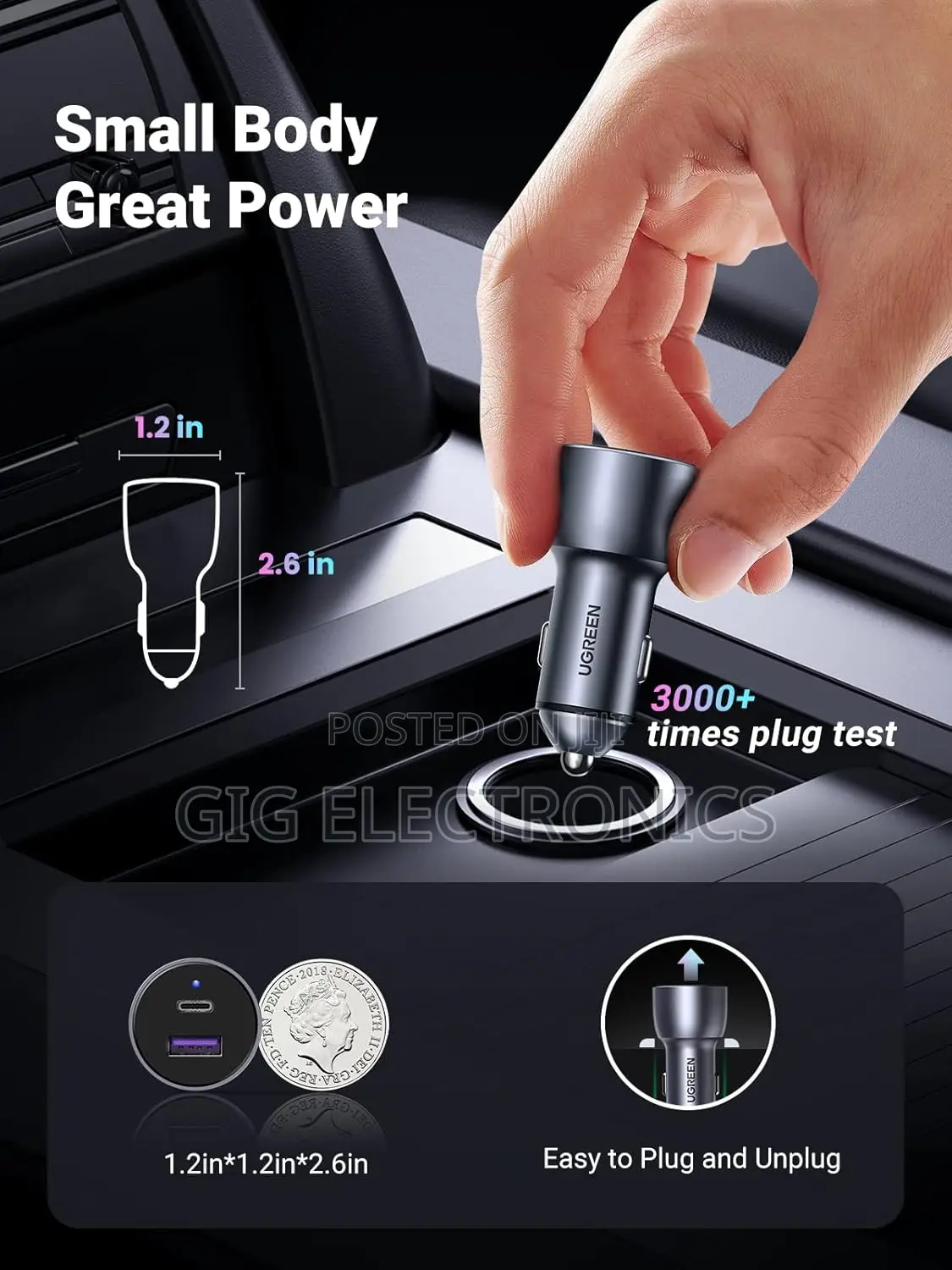Ugreen Cd213 52.5w Usb-a + Usb-C Fast Car Charger