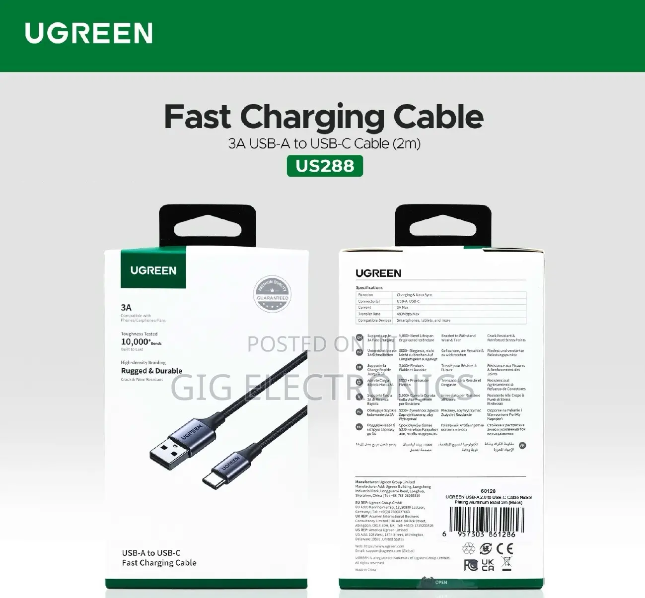 Ugreen Us288 3a Fast Charge Usb a to Usb C Cable Braided 2m
