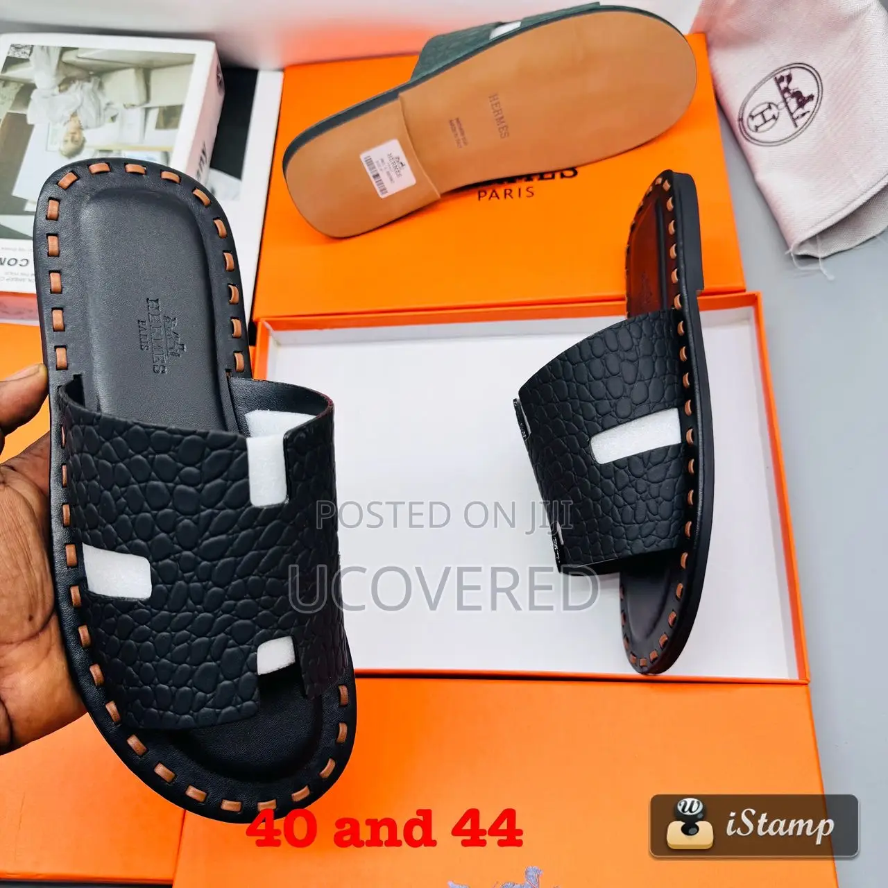 Hermes Men’S Leather Open Toe Crocodile Pattern Slippers