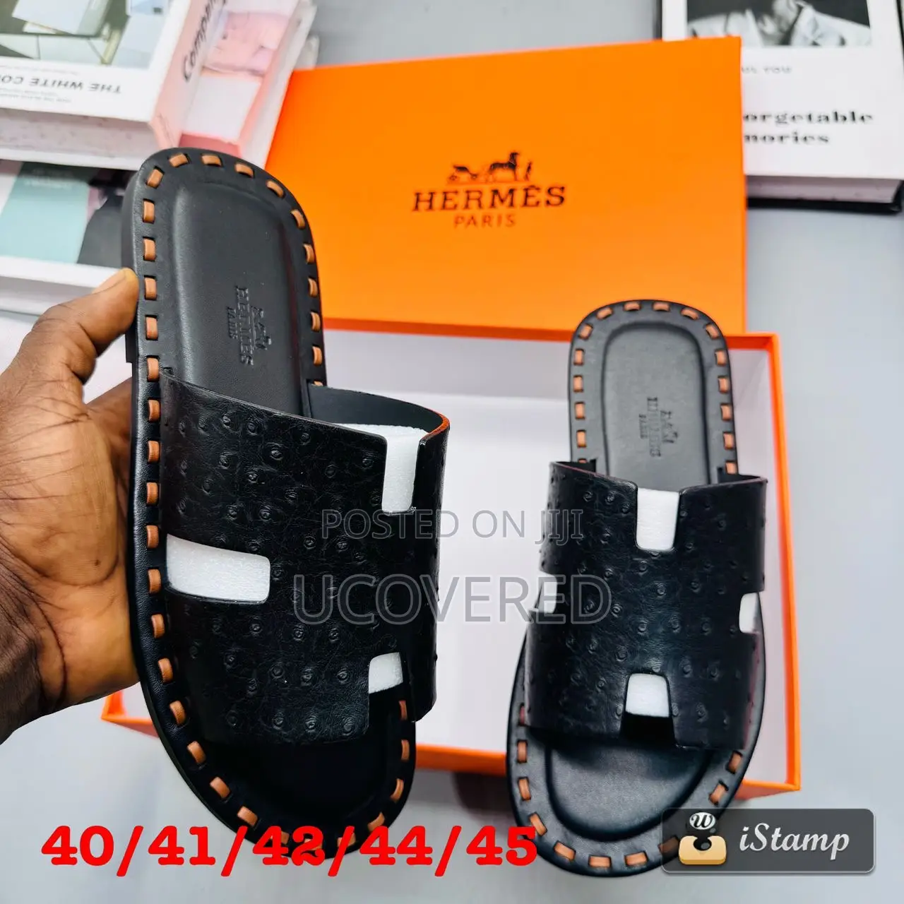 Hermes Men’S Leather Open Toe Crocodile Pattern Slippers