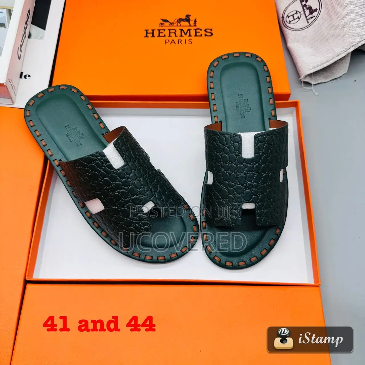 Hermes Men’S Leather Open Toe Crocodile Pattern Slippers