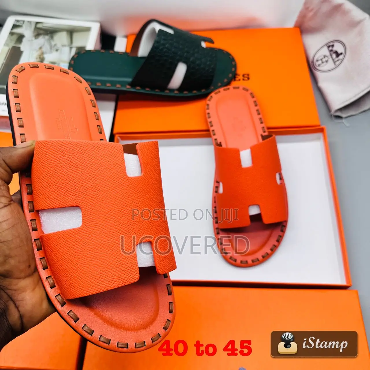 Hermes Men’S Leather Open Toe Crocodile Pattern Slippers