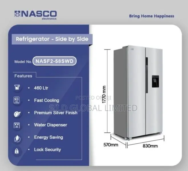 Powerful Compressor Nasco 460ltrs Sude by Side Refrigerator