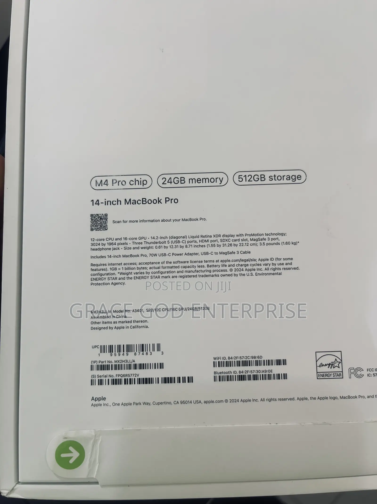 New Apple MacBook Pro 2024 M4 Pro 14-inch 24GB Apple M4 Pro SSD 512GB