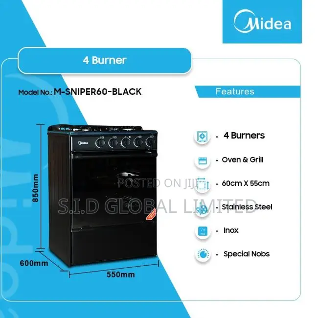 Cook With Midea 4 Burner Gas Cooker M-Sniper60-Black