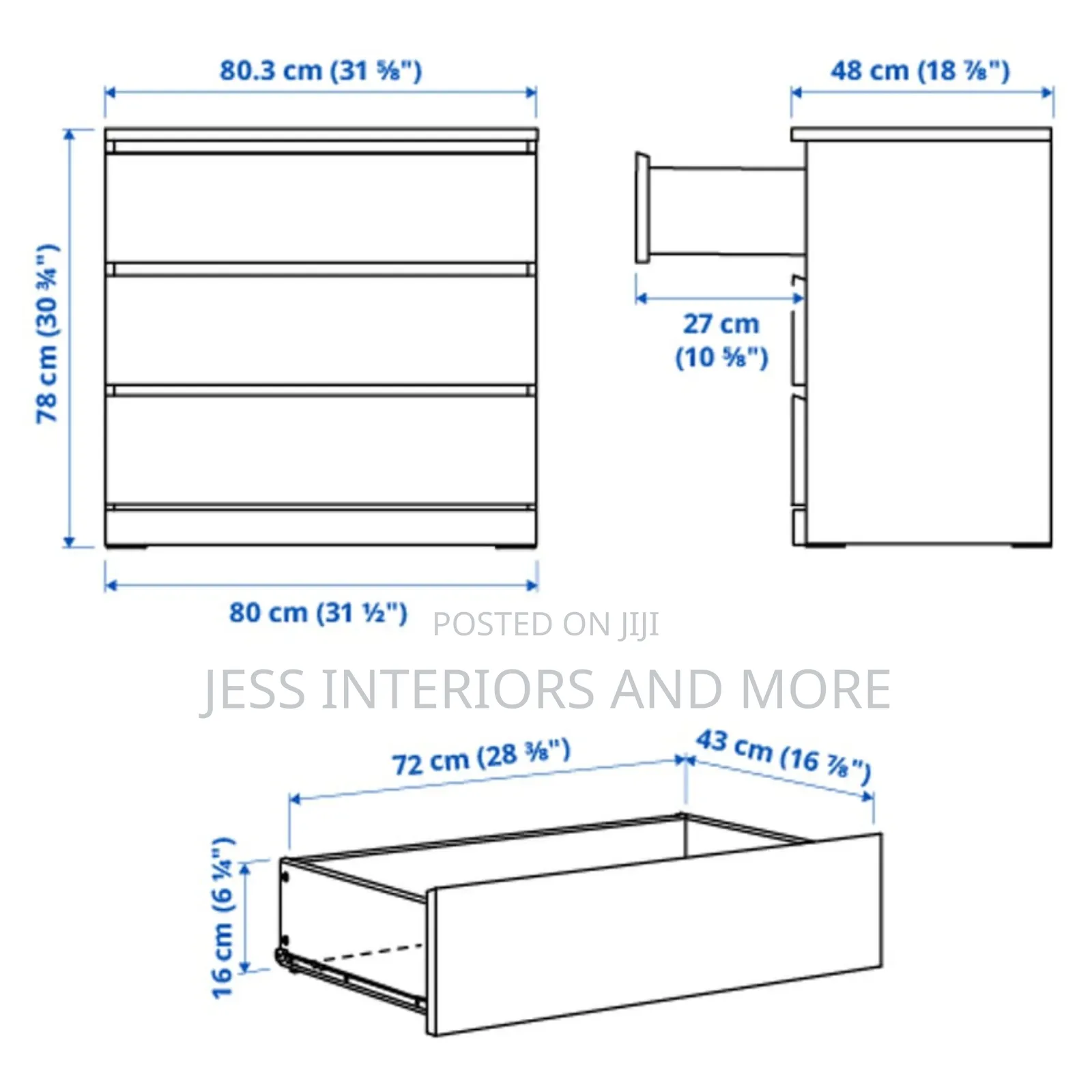 Dresser -Chest of 3 Drawers (White)