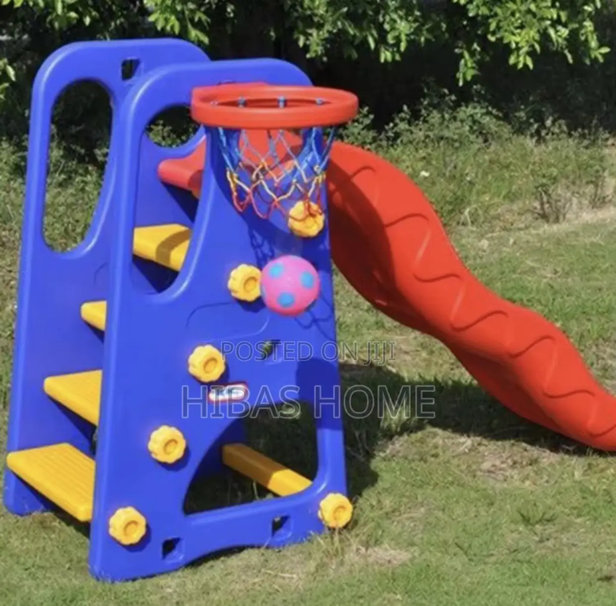Big Size Blue Red Slide With Basket Ball Hoop 158*84*103
