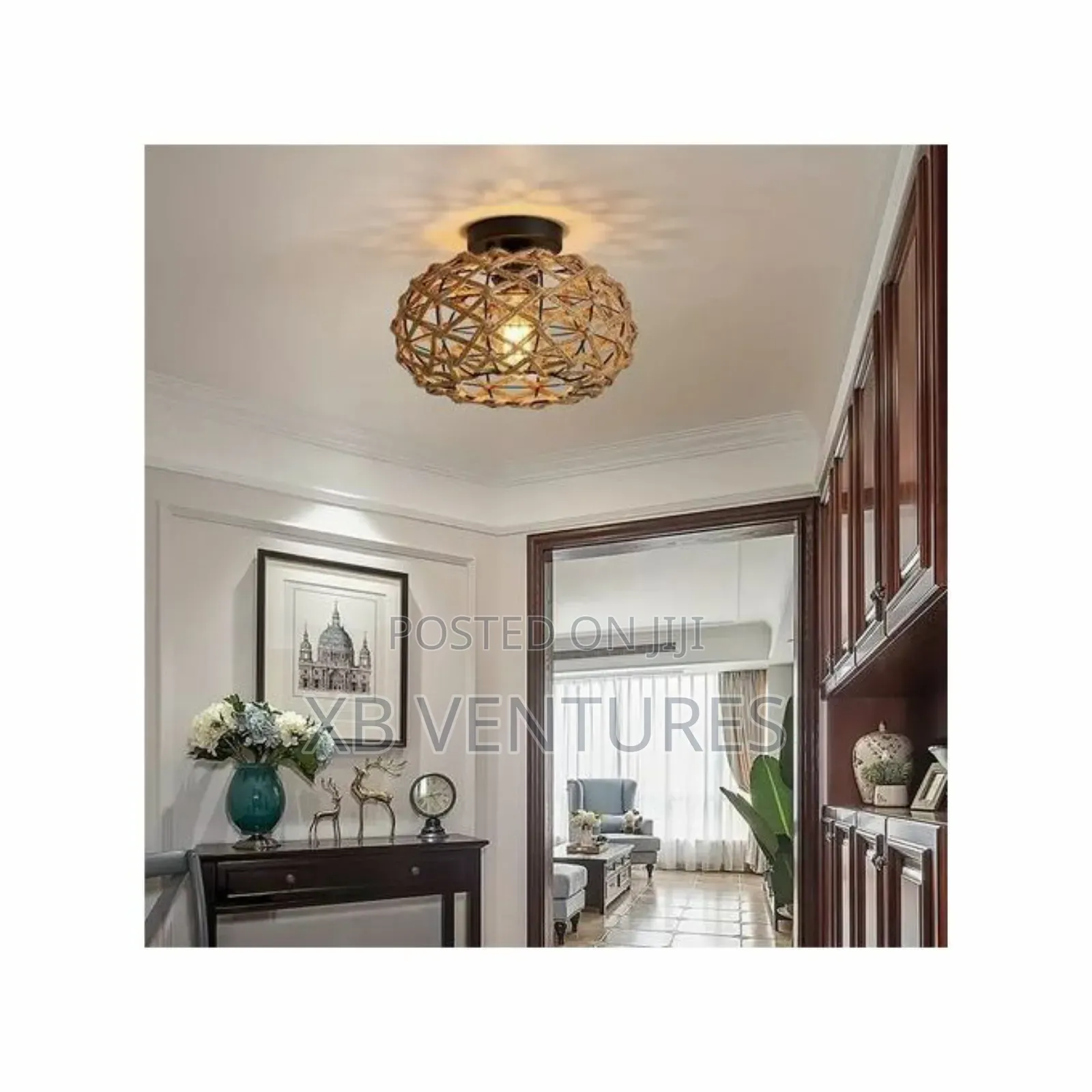 Ceiling Light With Coastal Woven Twine Cage Rattan