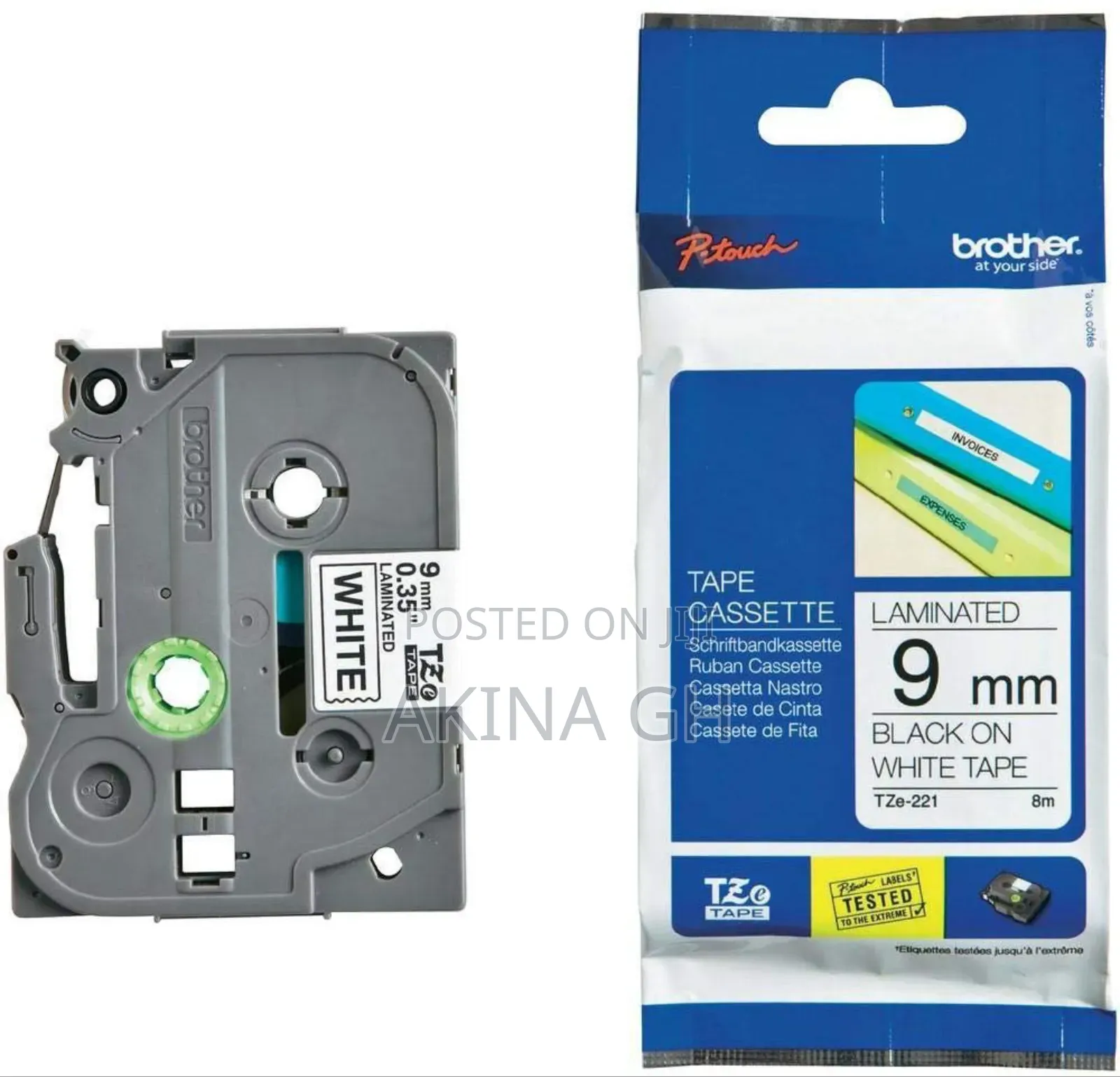 Brother P-Touch 9mm Label Tape Cassette 9mmx8m Tze-221