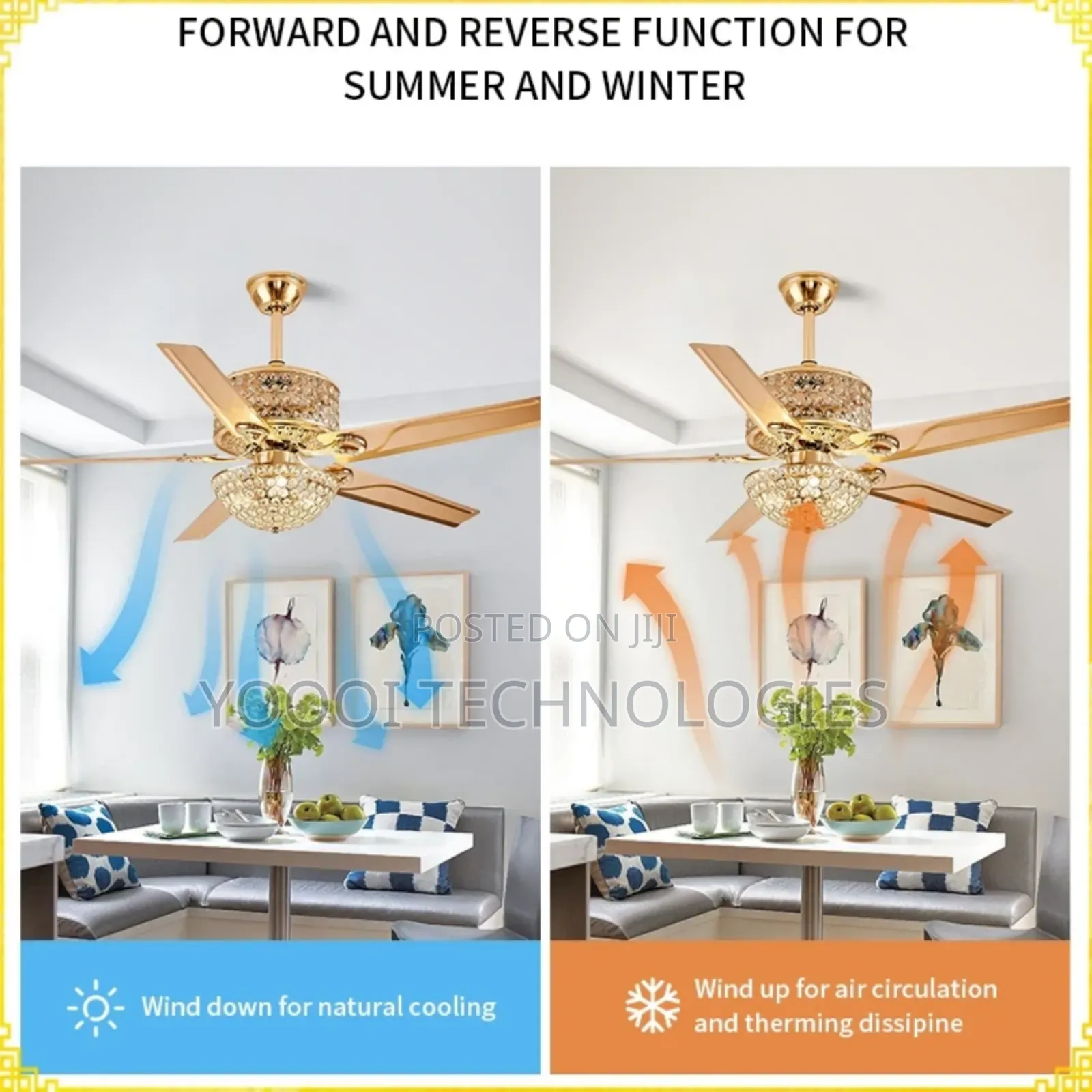 52" 5 Blades Luxury Gold 3 Color Chandelier Fan Light