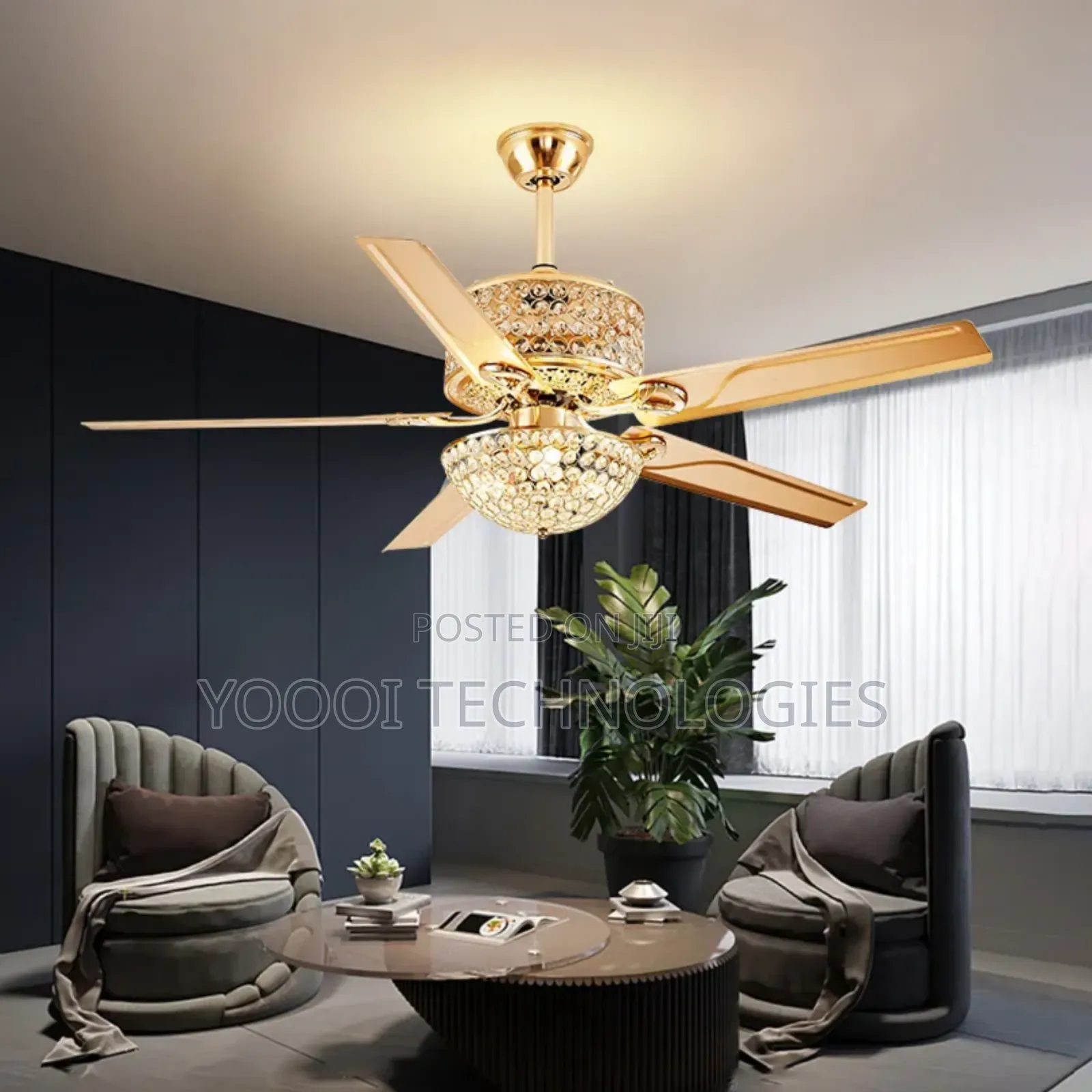 52" 5 Blades Luxury Gold 3 Color Chandelier Fan Light