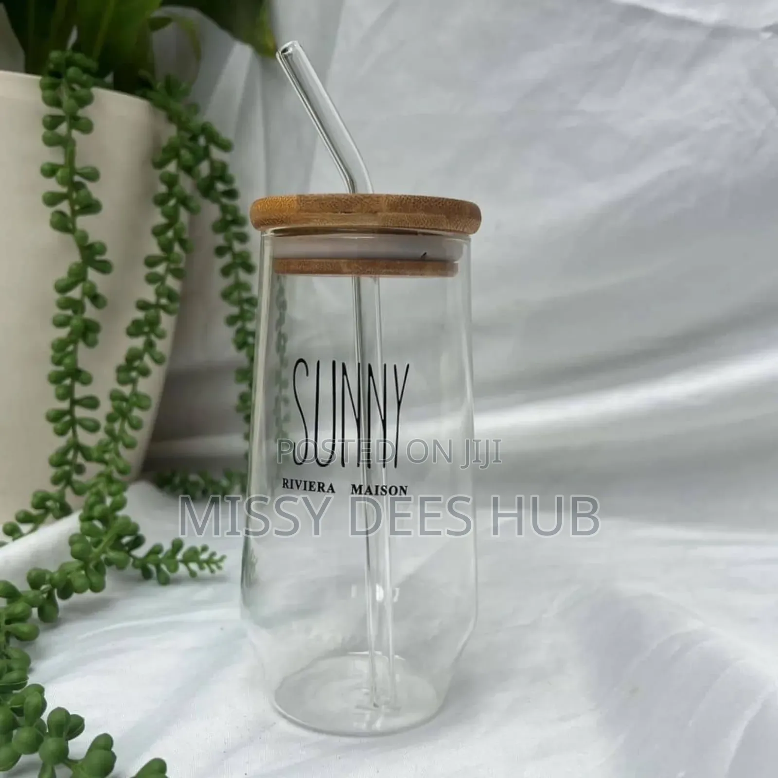 Sunny Glass Bottle /Cup With Bamboo Lid and Glass Straw
