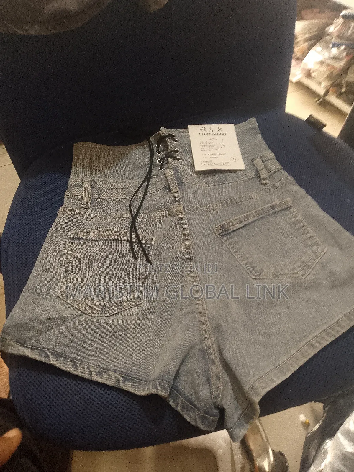 Genfradoom Ladies Stock High Waist Jeans With Rope and Button