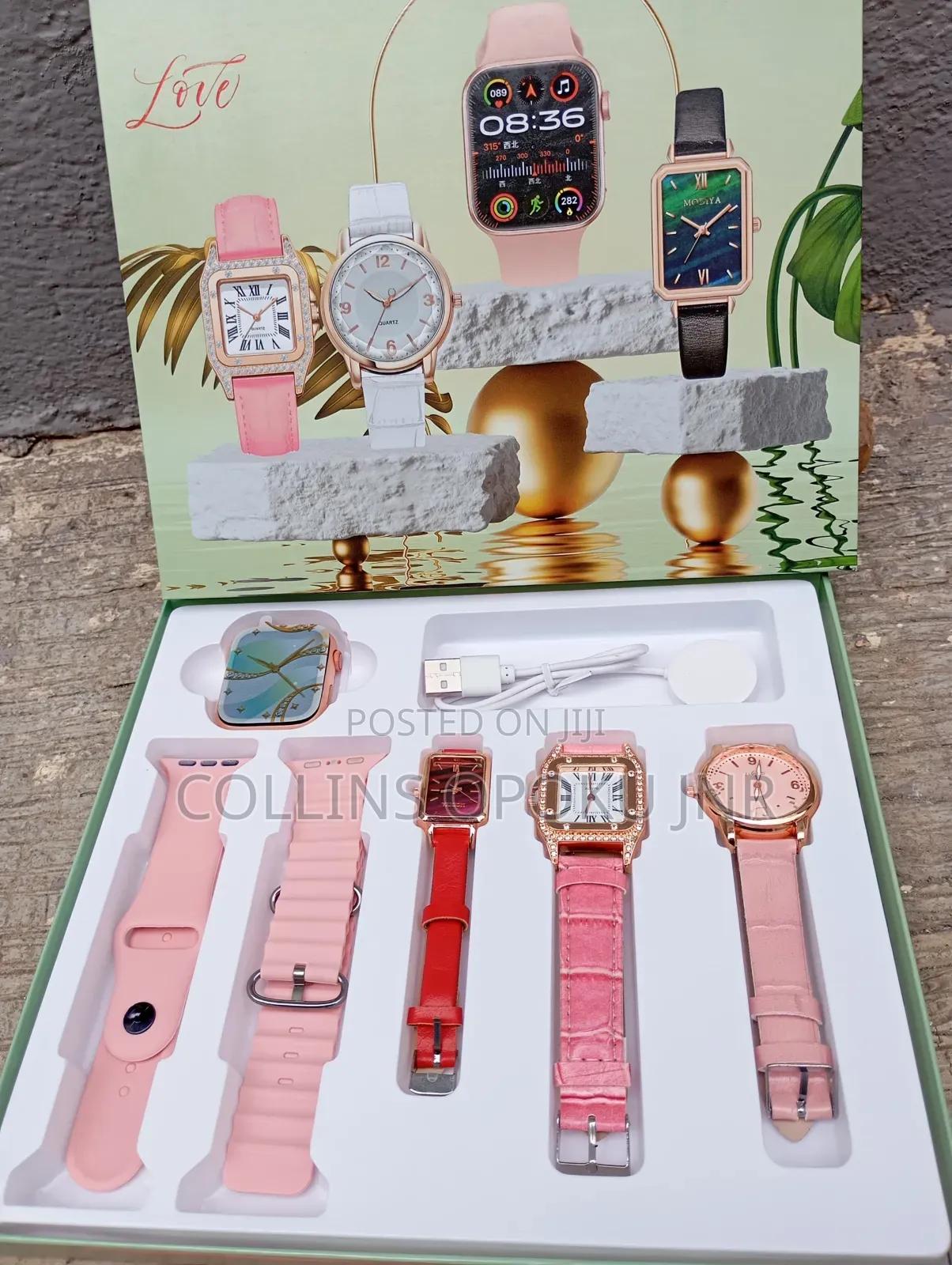 I-530 Mini 4-in-1 Smart Watch 2 Straps With 3 Quartz Watches - Pink