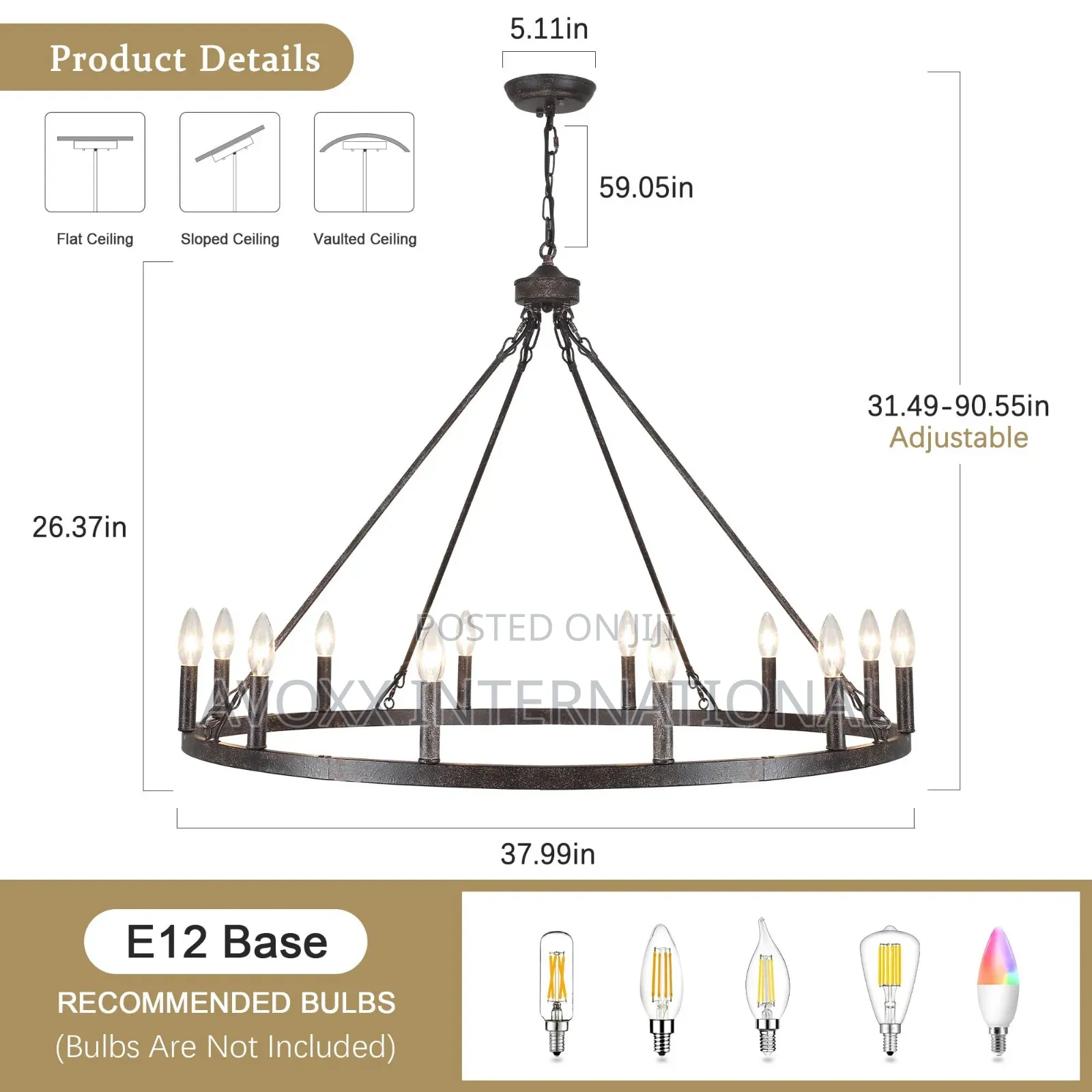 12-Light 37.99"Rustic Wagon Wheel Chandelier - Bedroom Kitchen Antique