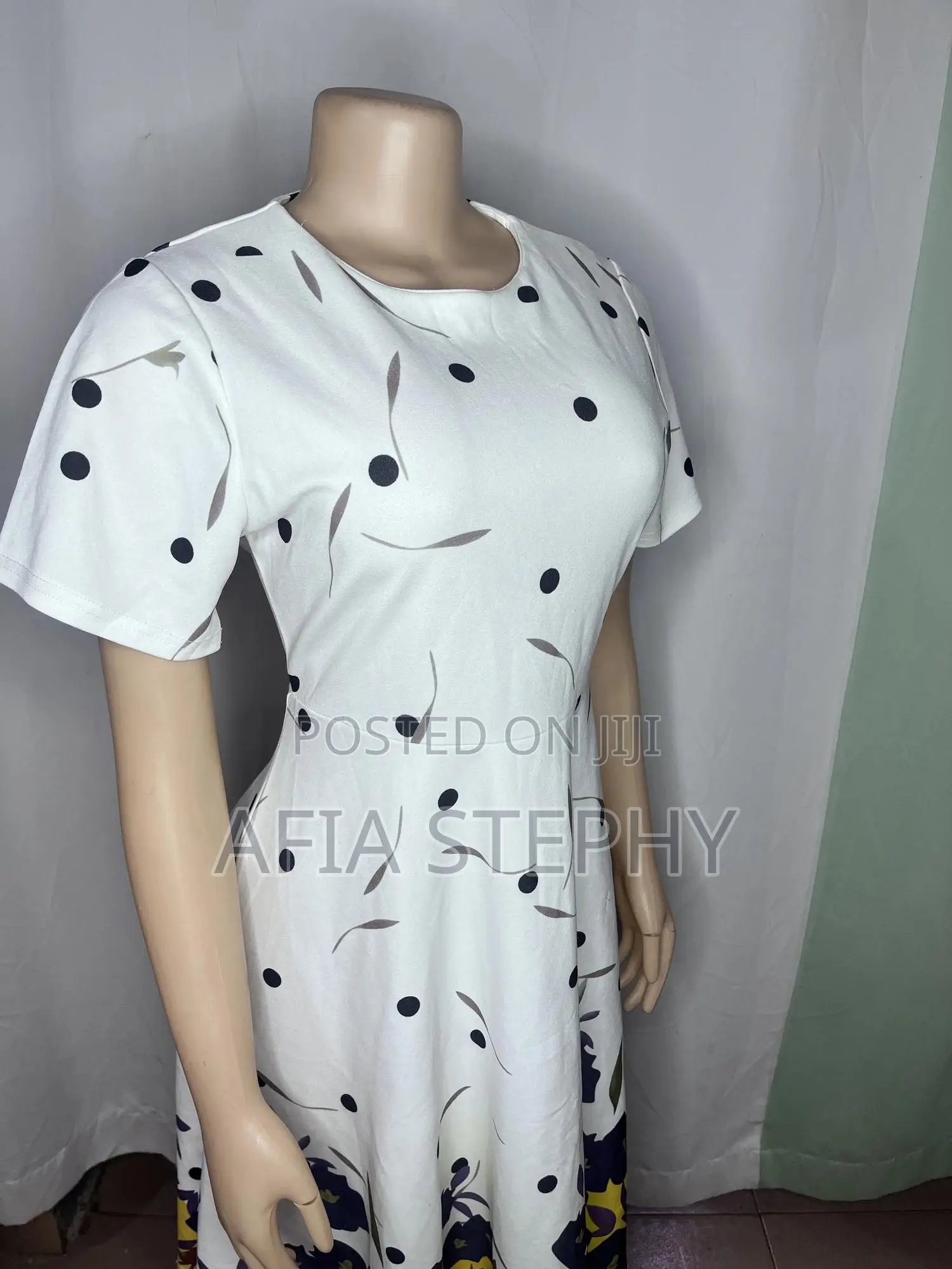 White and Spotted Yellow and Blue Straight Dress