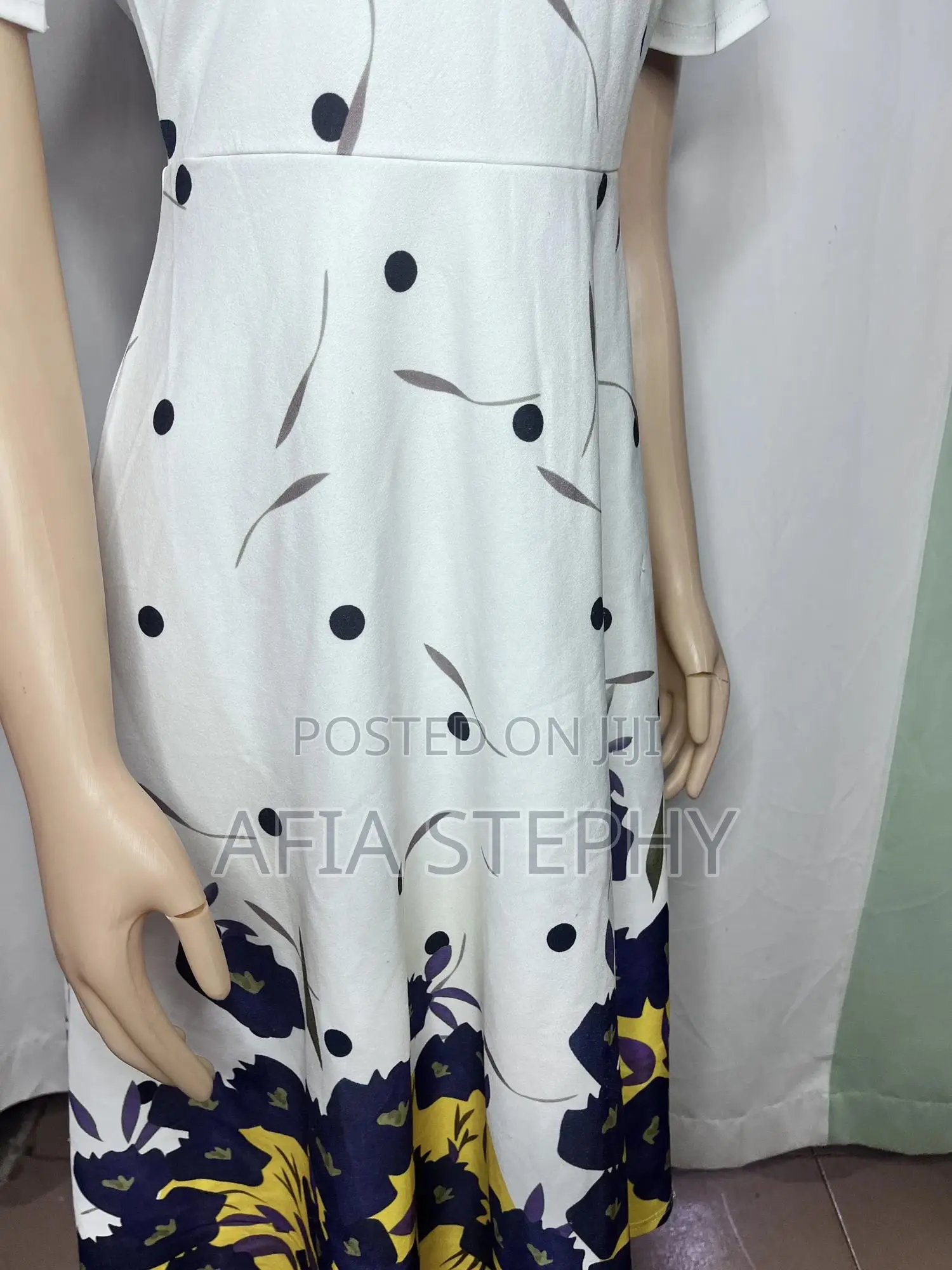 White and Spotted Yellow and Blue Straight Dress
