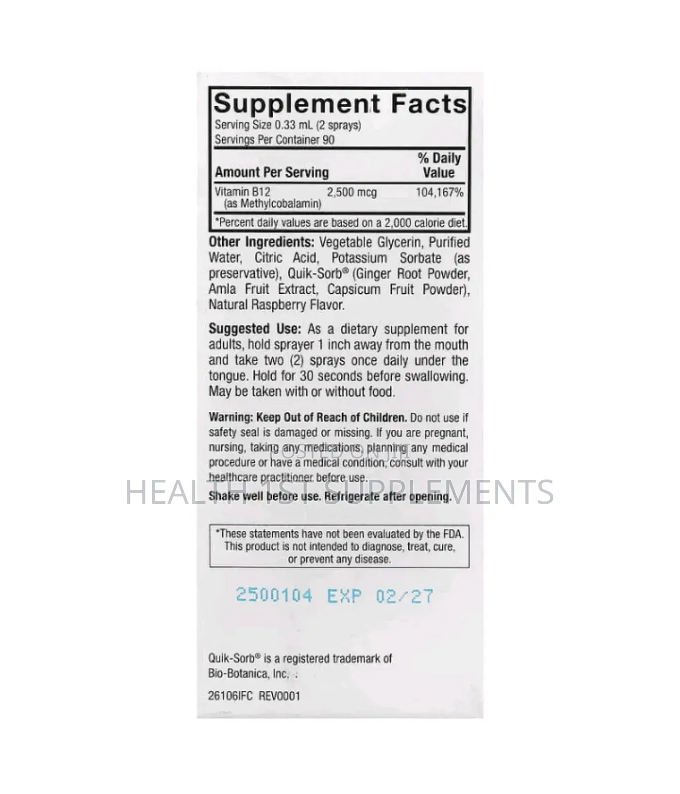 Nature's Answer Methylcobalamin B12 2500 MCG Liquid Spray, 30 Ml