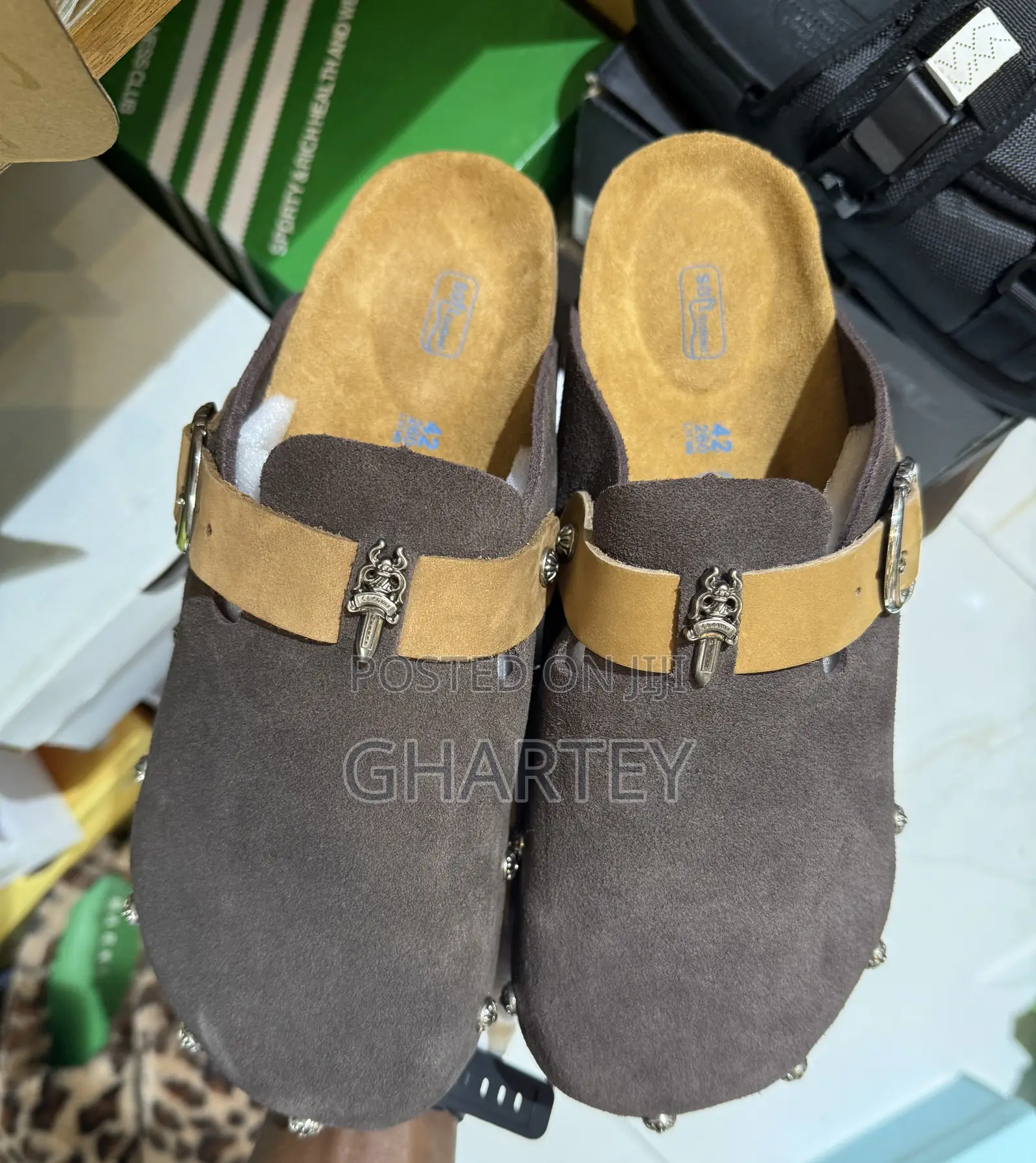 Brown Suede Buckle Slip-on Sandals