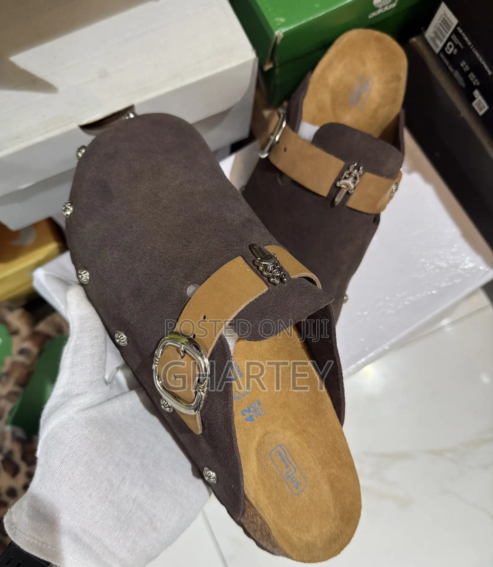 Brown Suede Buckle Slip-on Sandals