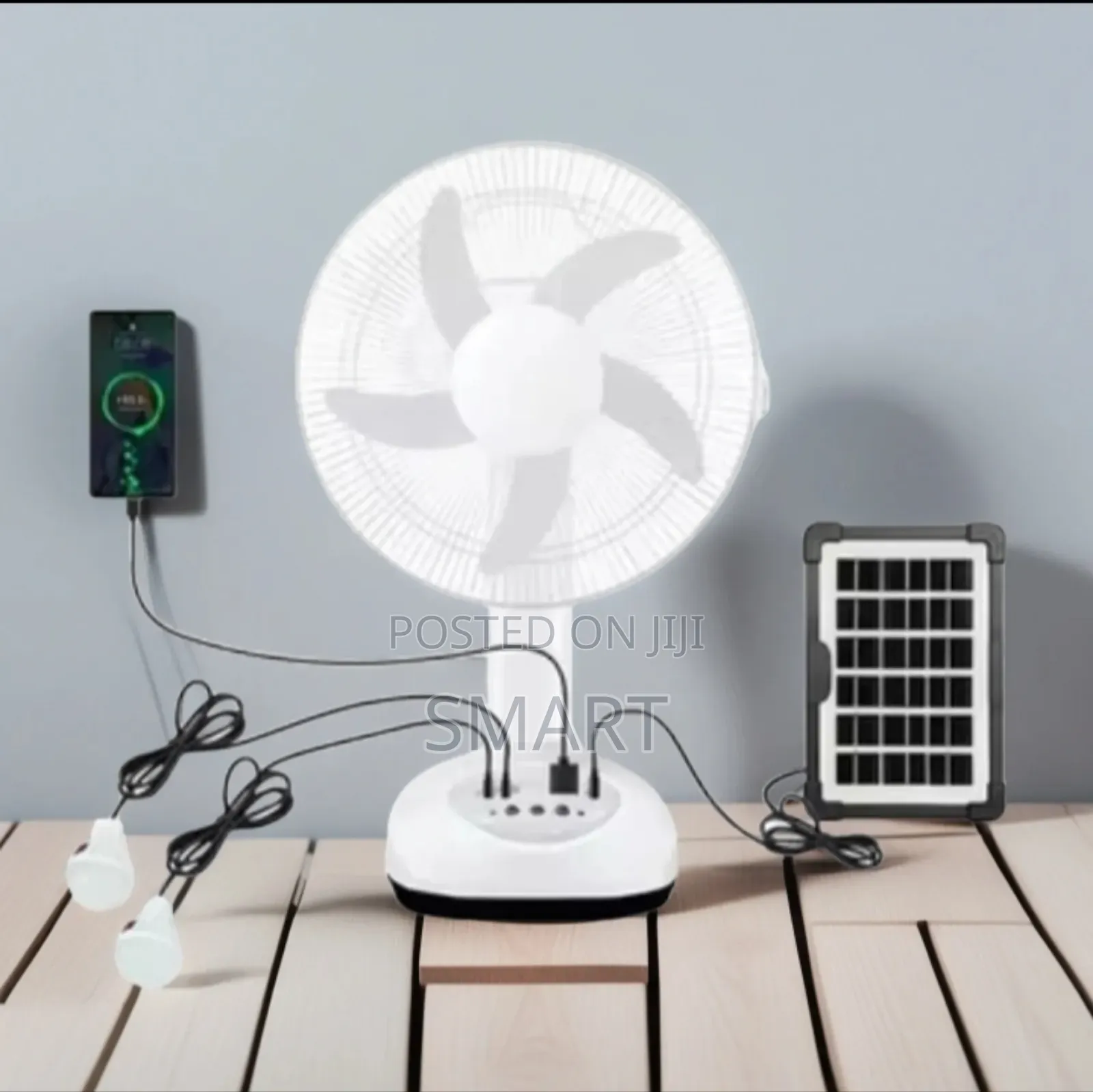 A Solar Powered Fan With Led Light, Bluetooth Speaker And Usb Port.