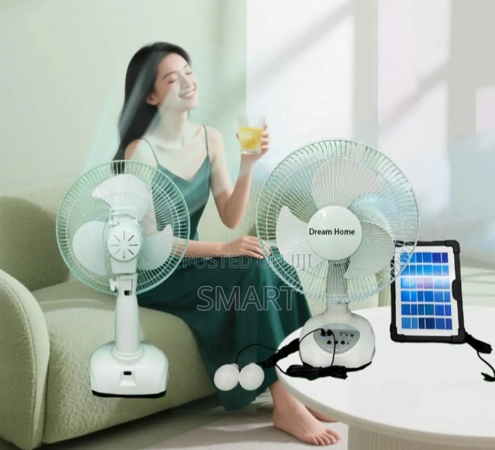 A Solar Powered Fan With Led Light, Bluetooth Speaker And Usb Port.