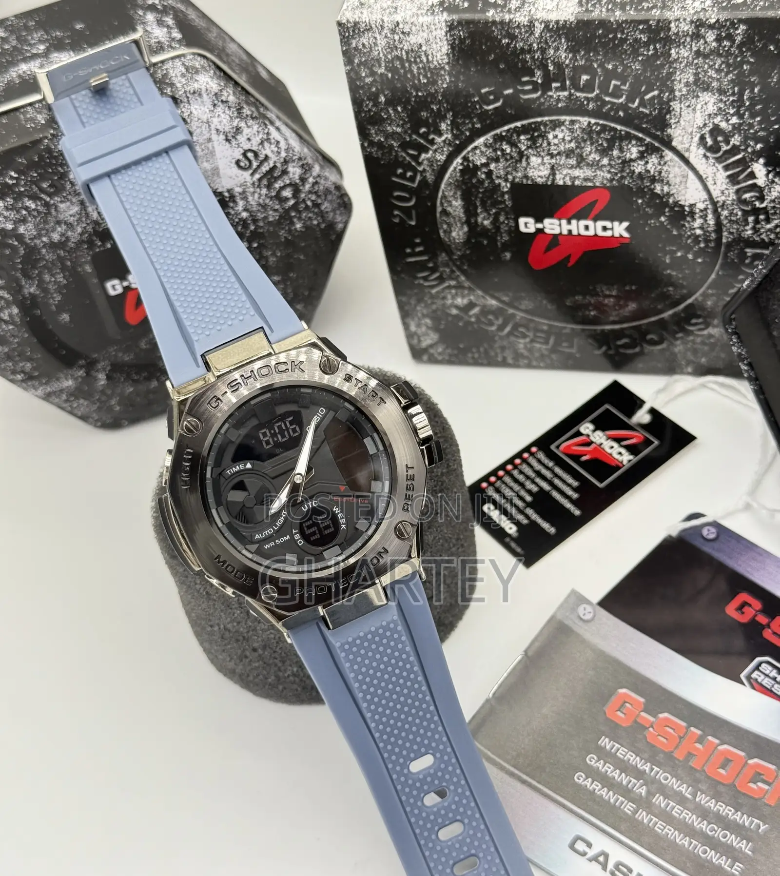 Casio G-Shock Analog-Digital Watch Silver Bezel With Light Blue Strap