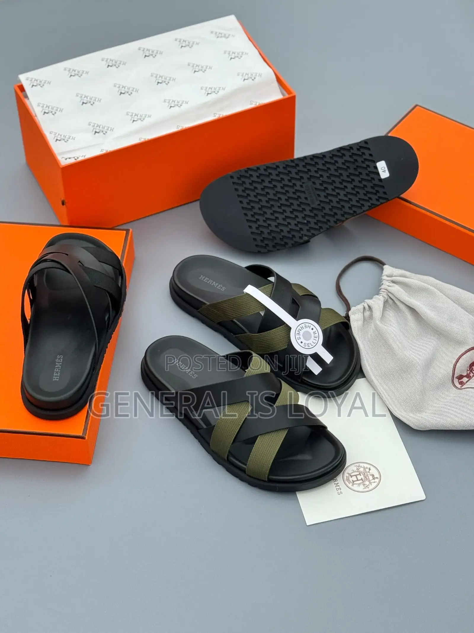 Hermes Blacks And Green Mens Slippers