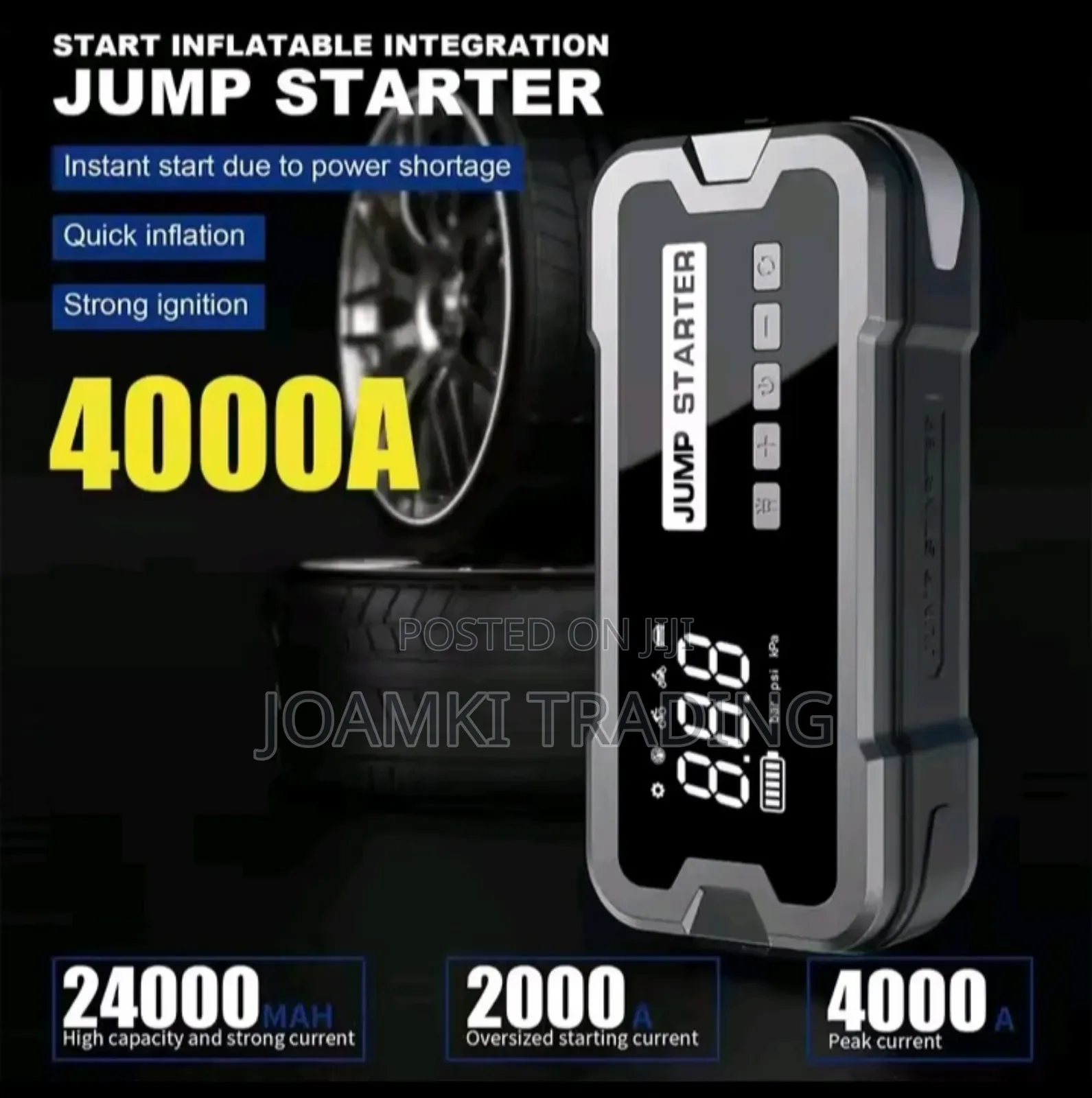 Car Jump Starter With Tyre Inflator, 4000a Peak Current, 24,000mah