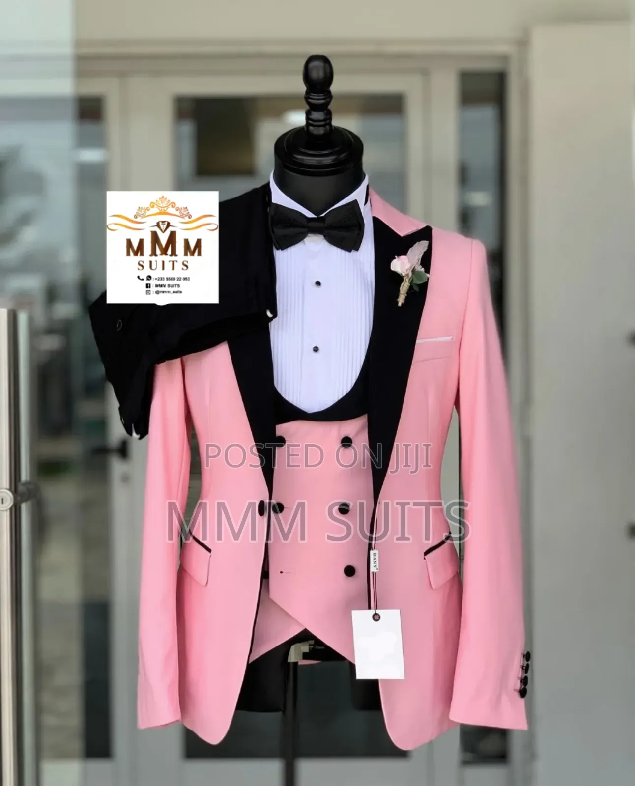 Quality 3-Piece Tuxedo Men Suit in Pink Colour and Black Trousers