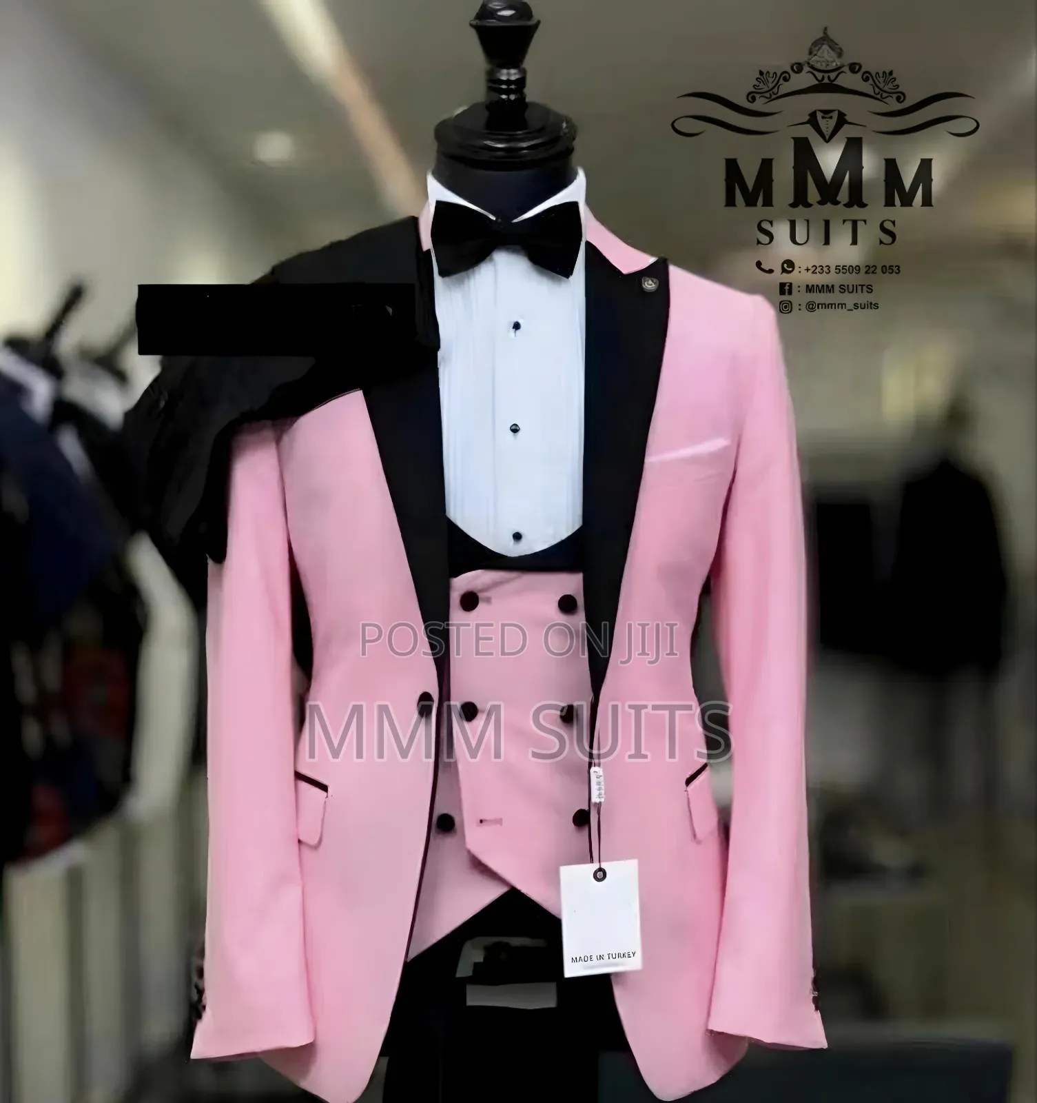 Quality 3-Piece Tuxedo Men Suit in Pink Colour and Black Trousers