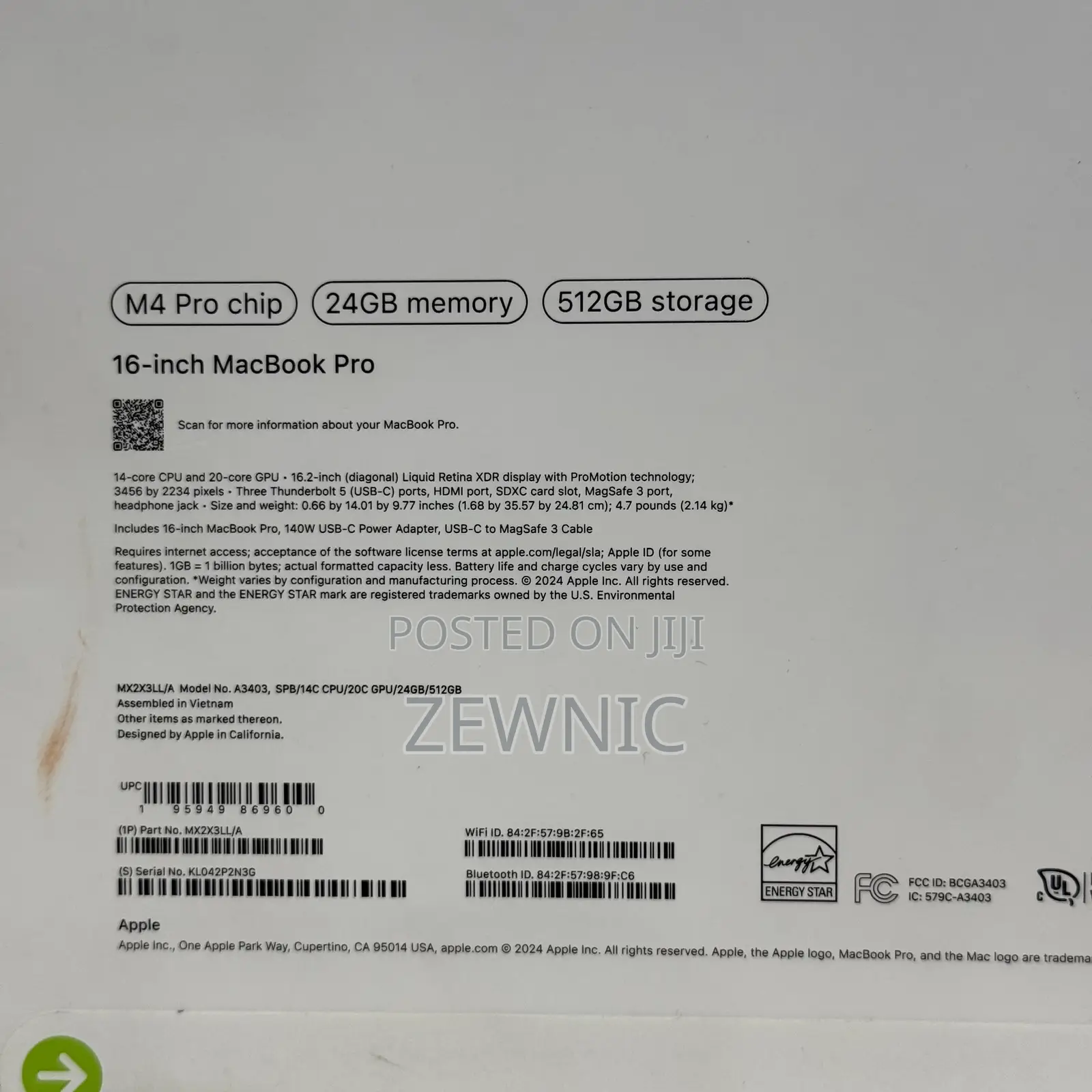 New Laptop Apple MacBook Pro 24GB Apple M4 Pro SSD 512GB