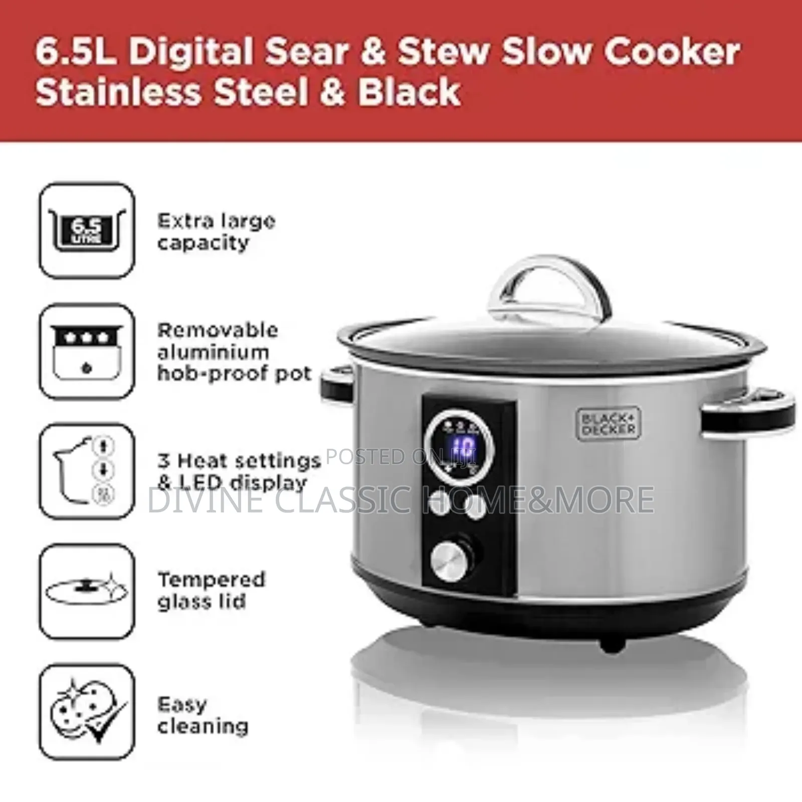 Black+Decker 6.5l Digital Sear Stew Slow Cooker, Stainless Steel