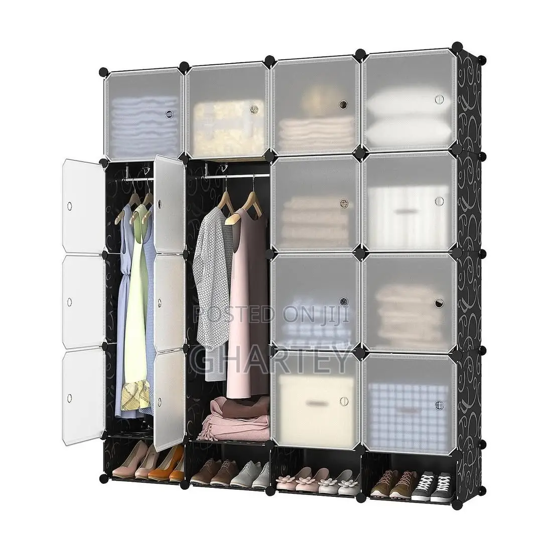 Modern Black With Transparent Doors Modular 16 Cubes Wardrobe Closet