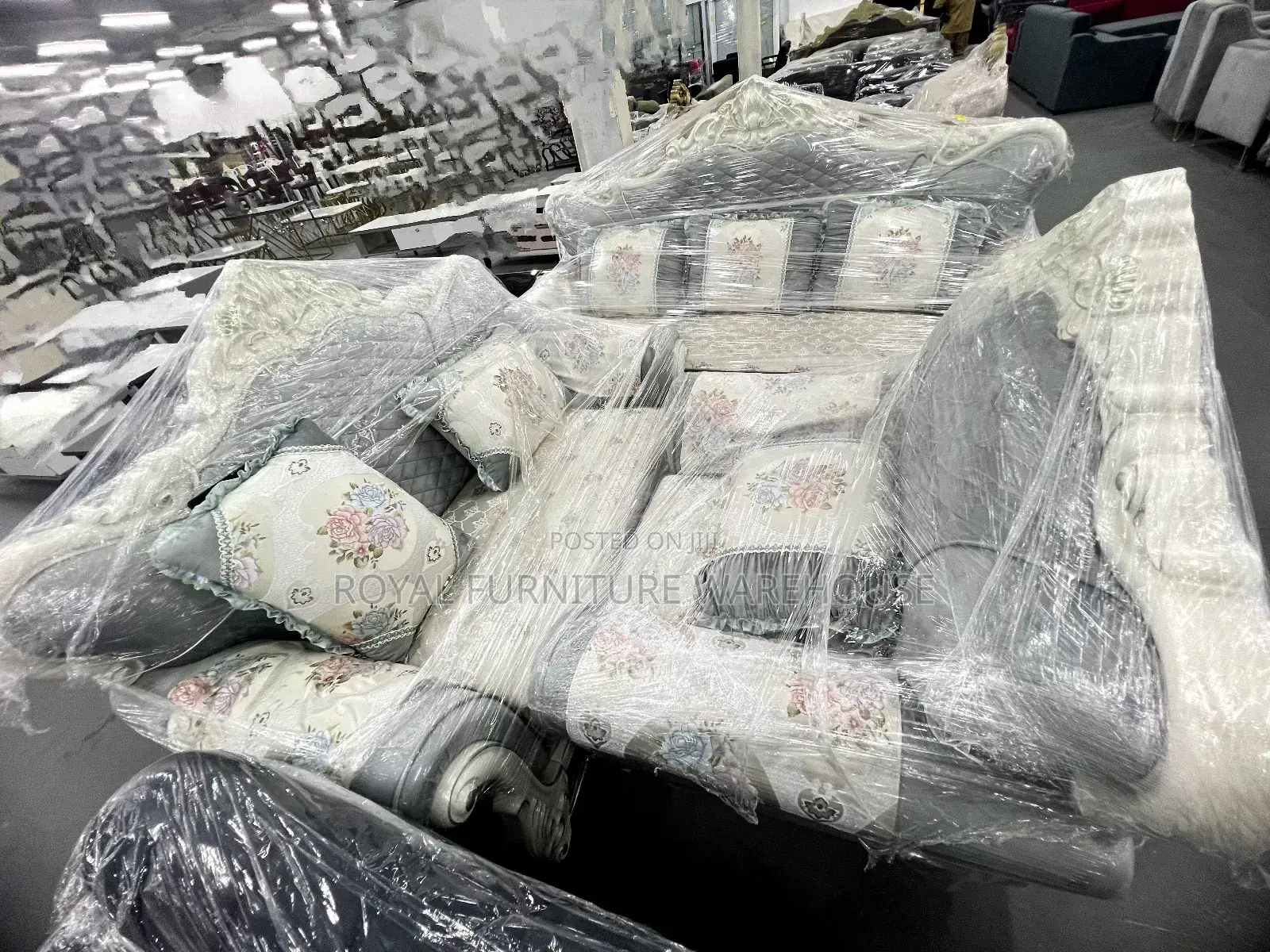 C Blue and White Textured Foreign Royal Sofa Set (3+2+1)