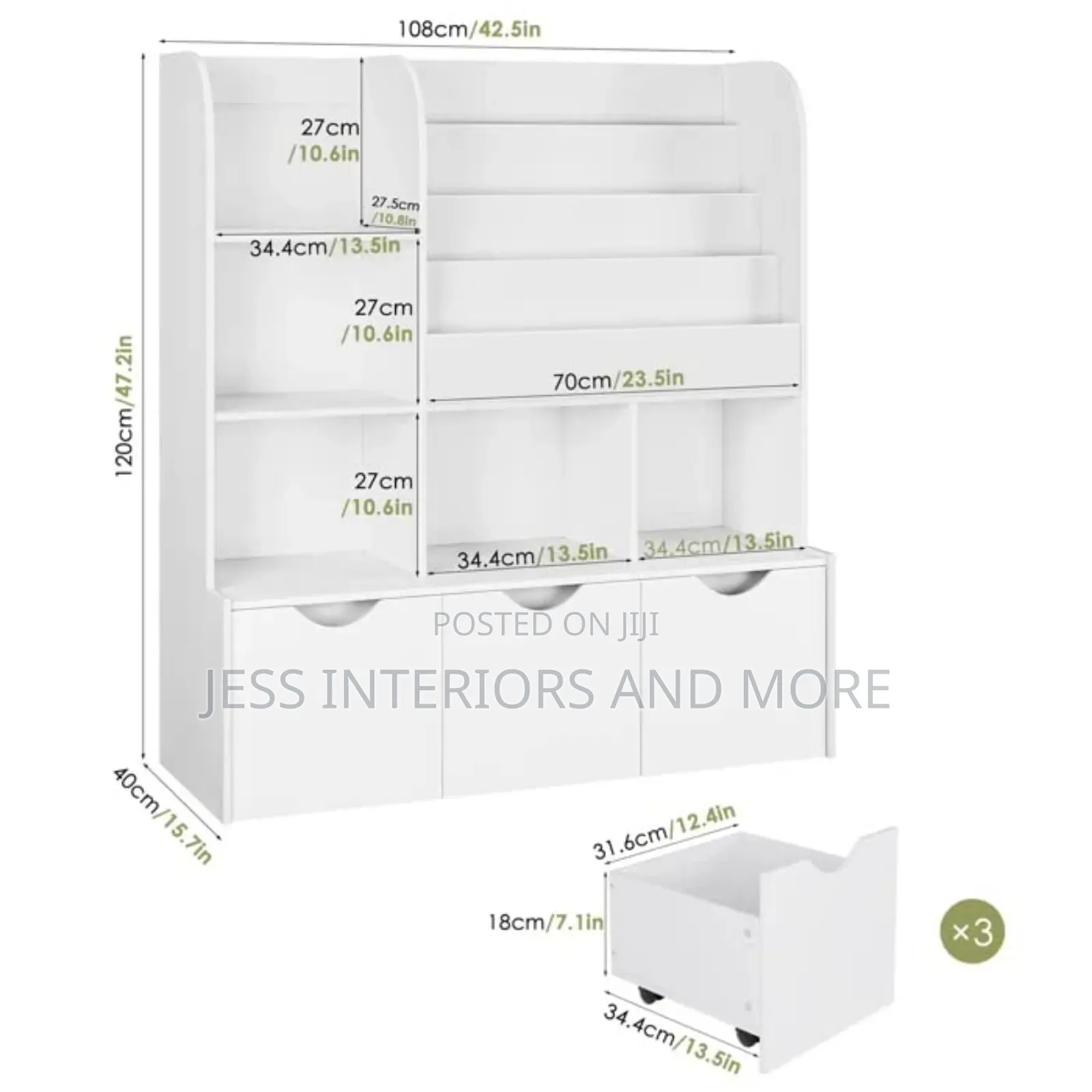 Bookshelf for Nursery Playroom With 3 Removable Bins