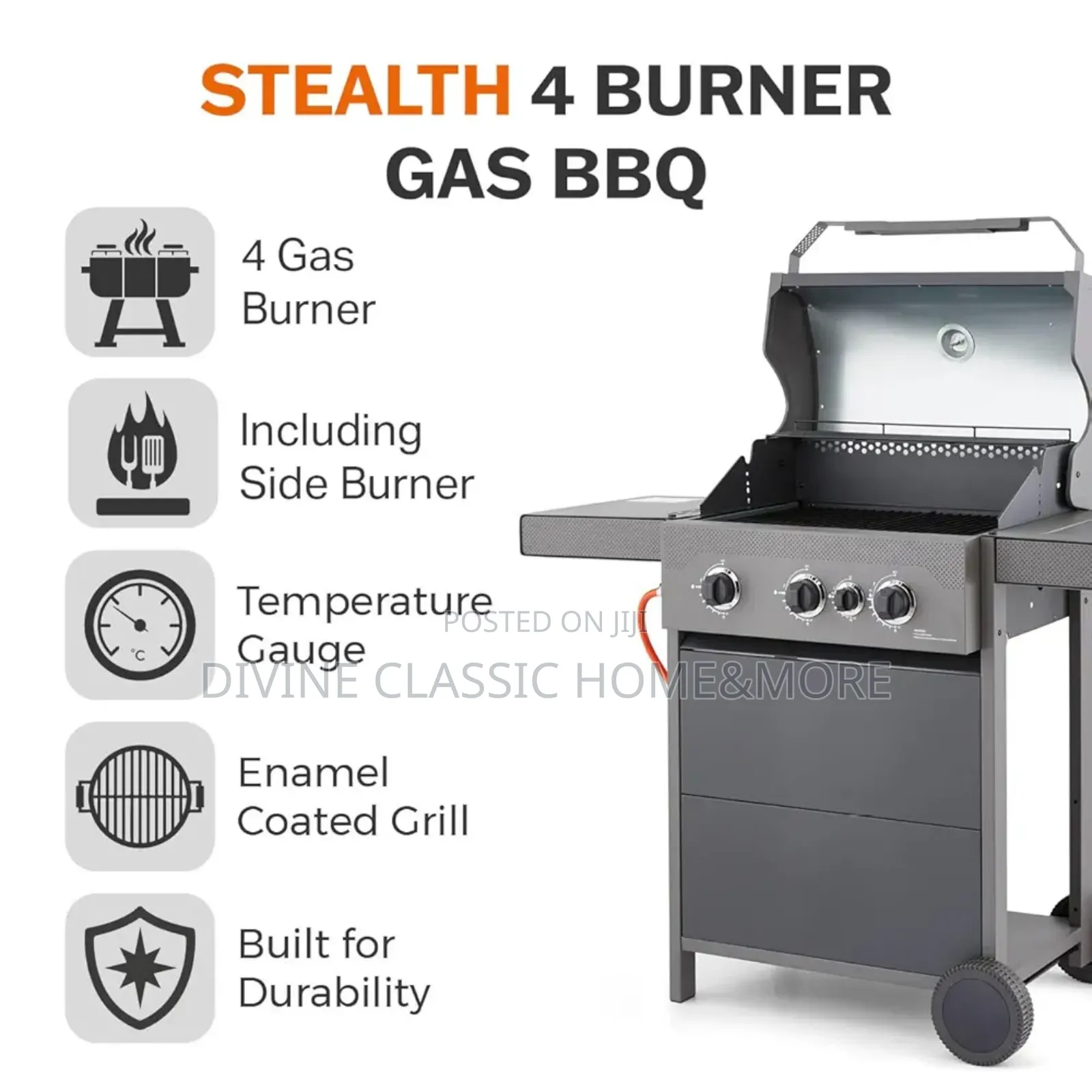 Tower Stealth 3000 4 Burner 3+1 Porcelain Gas Bbq+ Side Burner