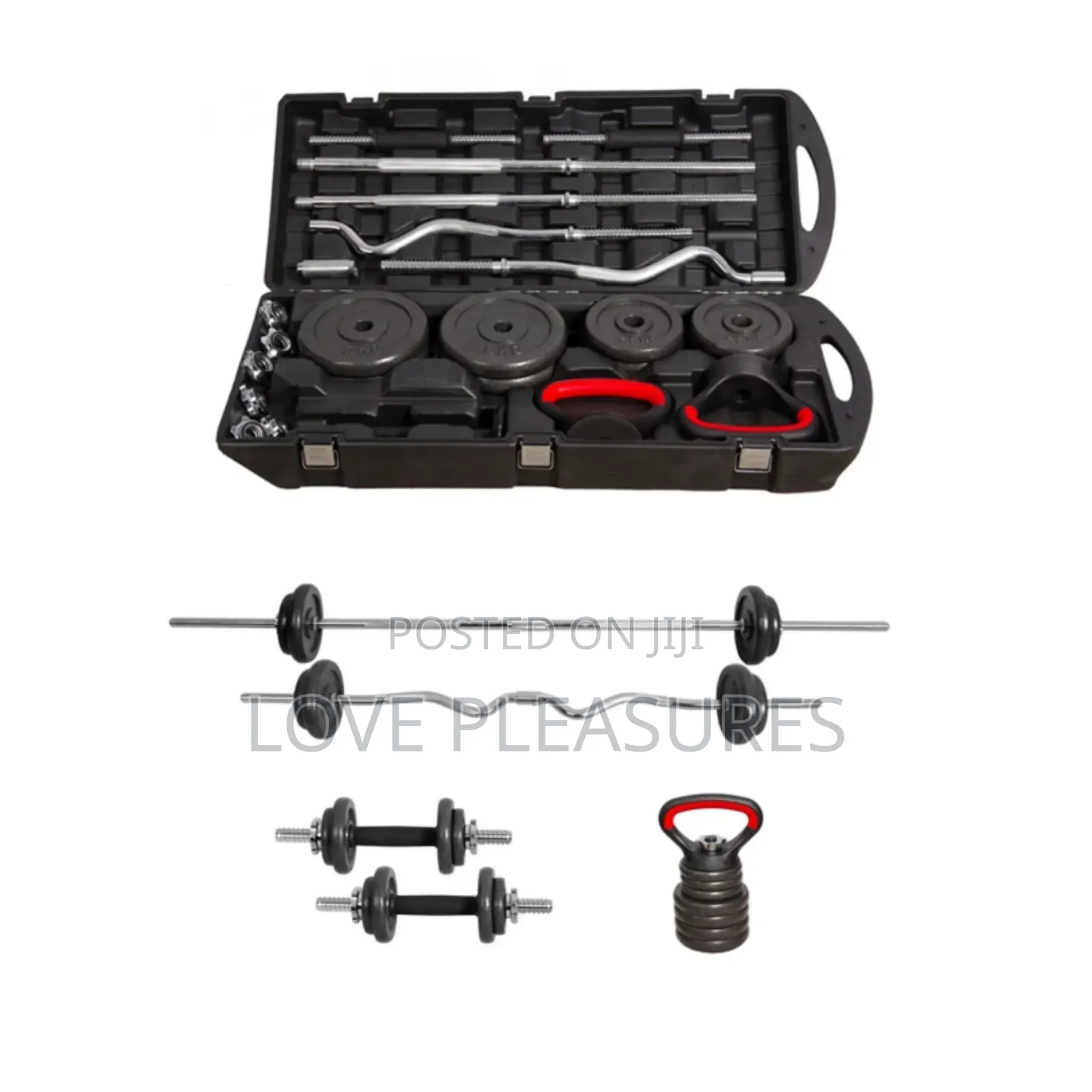58kg Cast Iron Barbell, Dumbell and Kettlebell Set in Travel Case